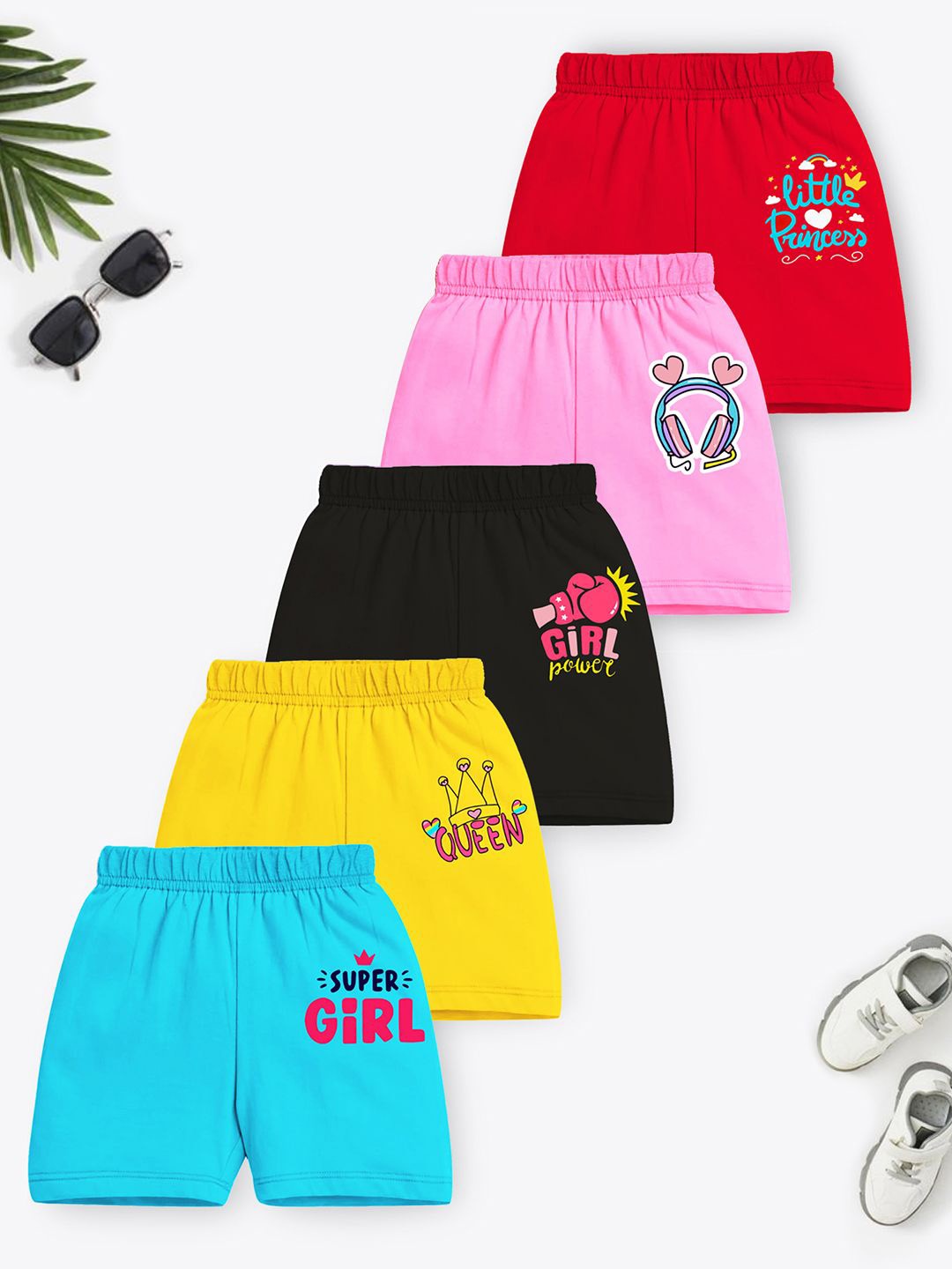 

YK X Trampoline Pack Of 5 Girls Graphic Printed Mid-Rise Cotton Shorts, Black