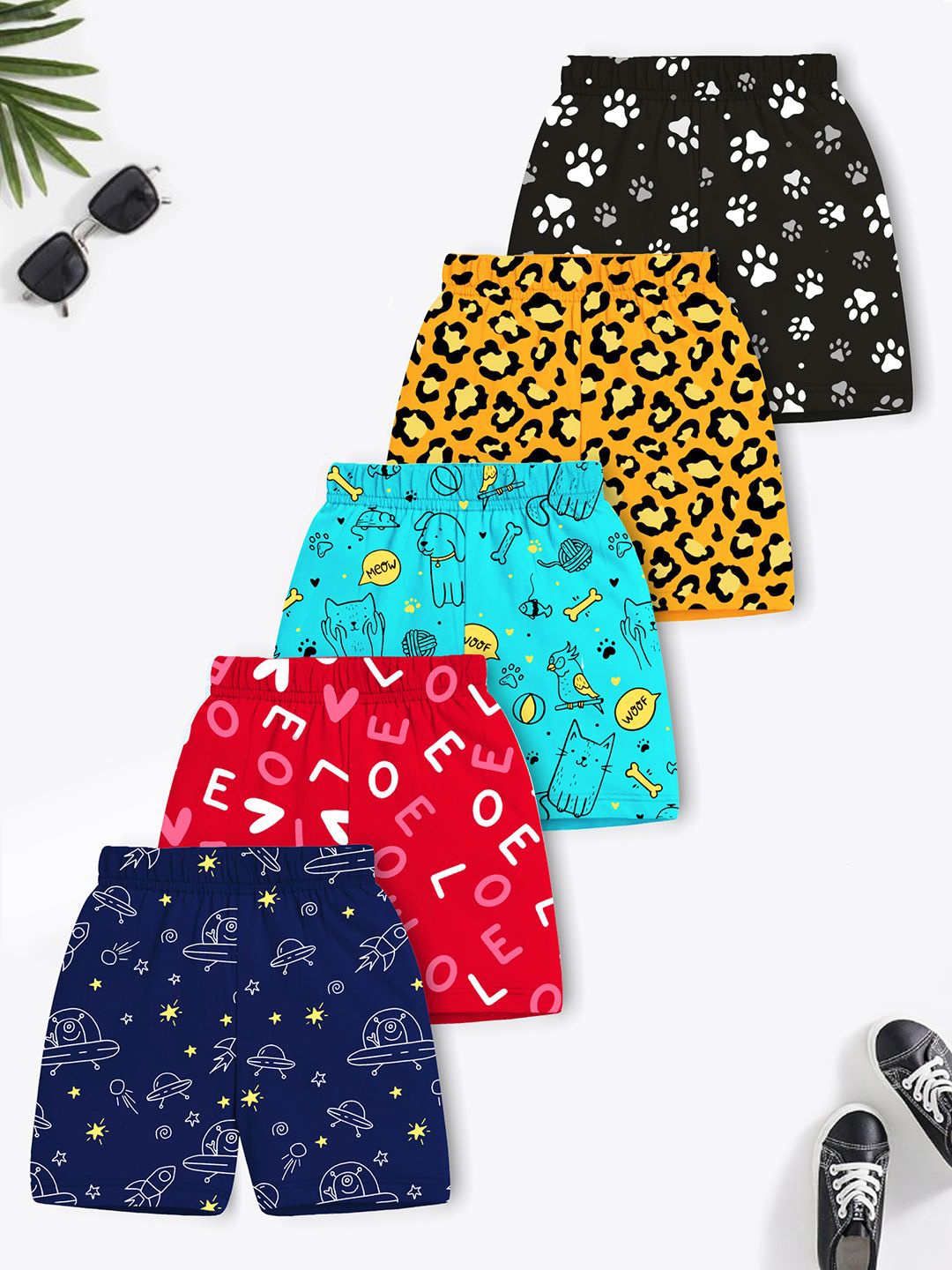 

YK X Trampoline Pack Of 5 Kids Graphic Printed Mid-Rise Cotton Shorts, Yellow