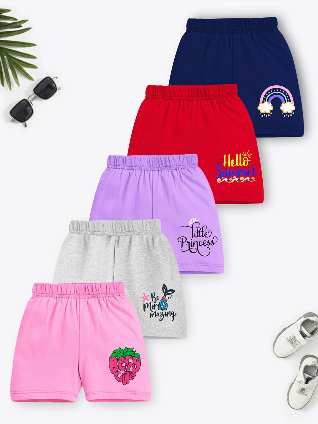 

YK X Trampoline Girls Pack of 5 Graphic Printed Mid-Rise Cotton Shorts, Pink