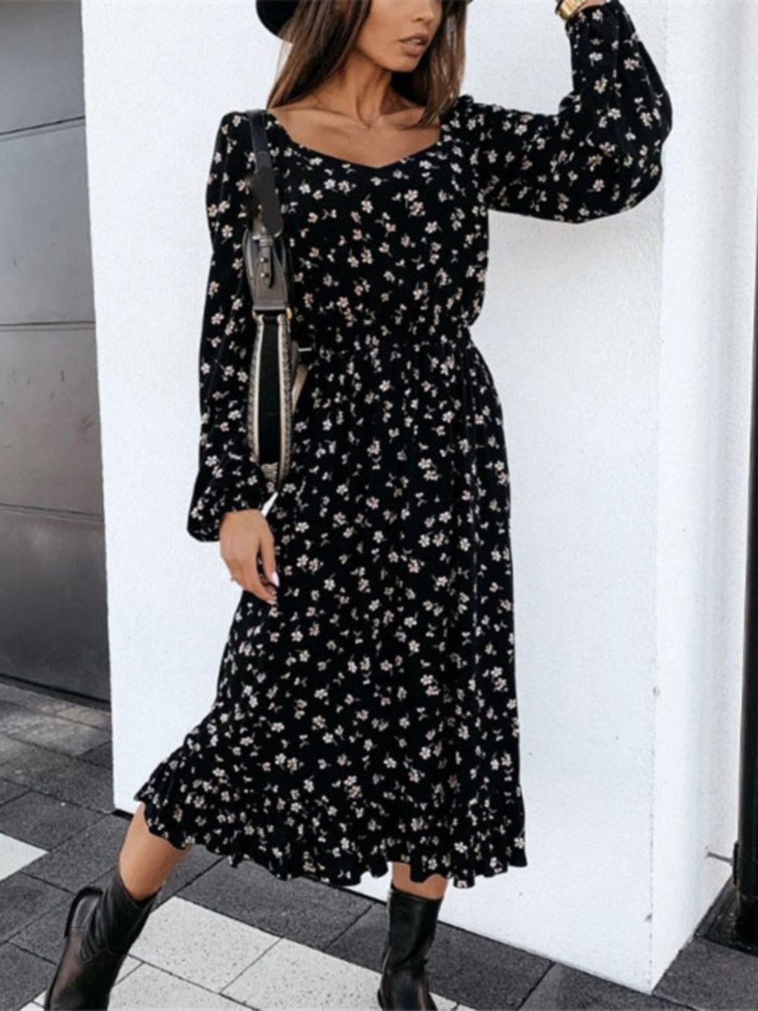 

4WRD by Dressberry WomenFloral Print Puff Sleeve Maxi Midi Dress, Black