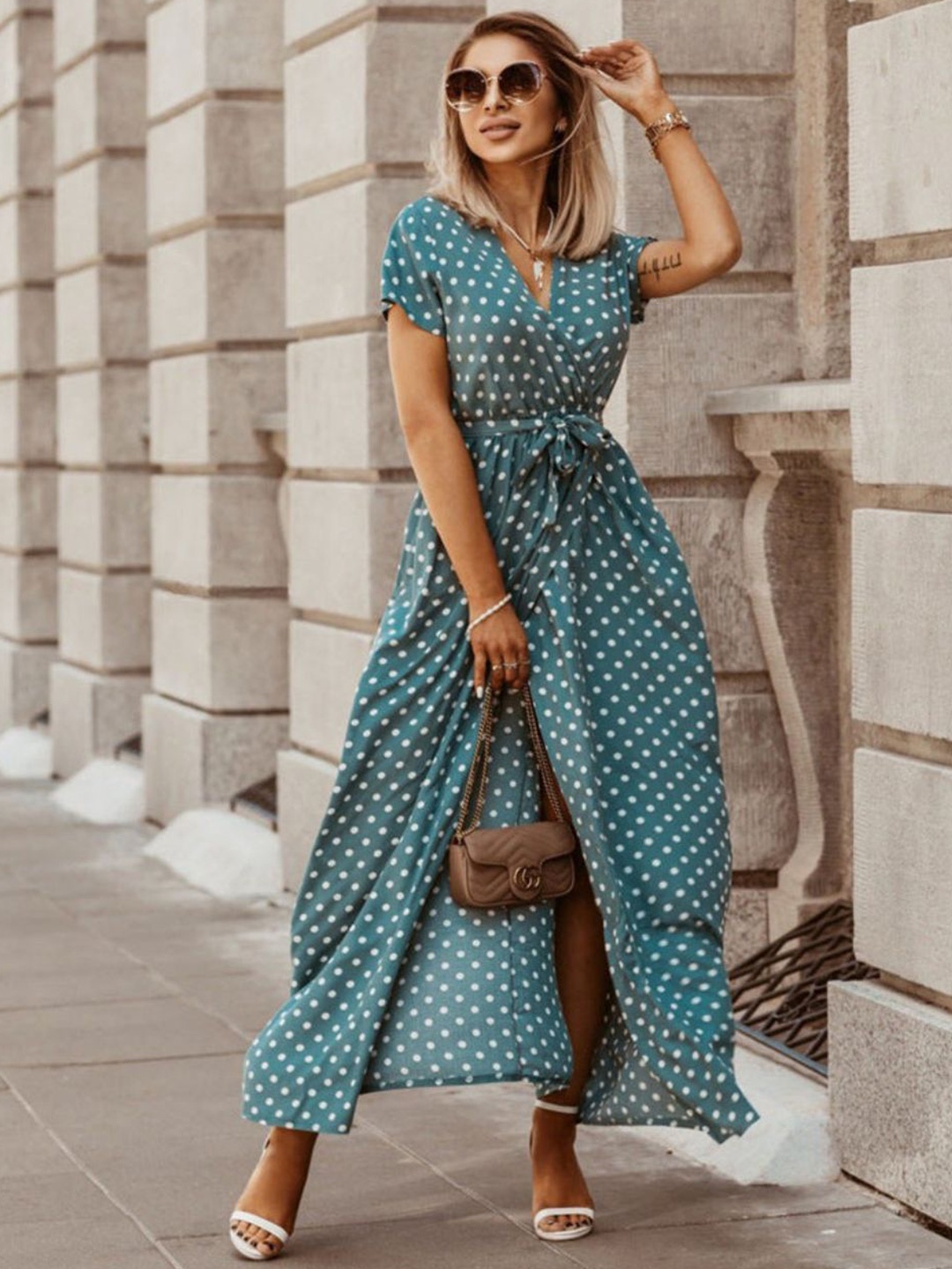 

4WRD by Dressberry V-neck polka dot print Wrap Dress, Green