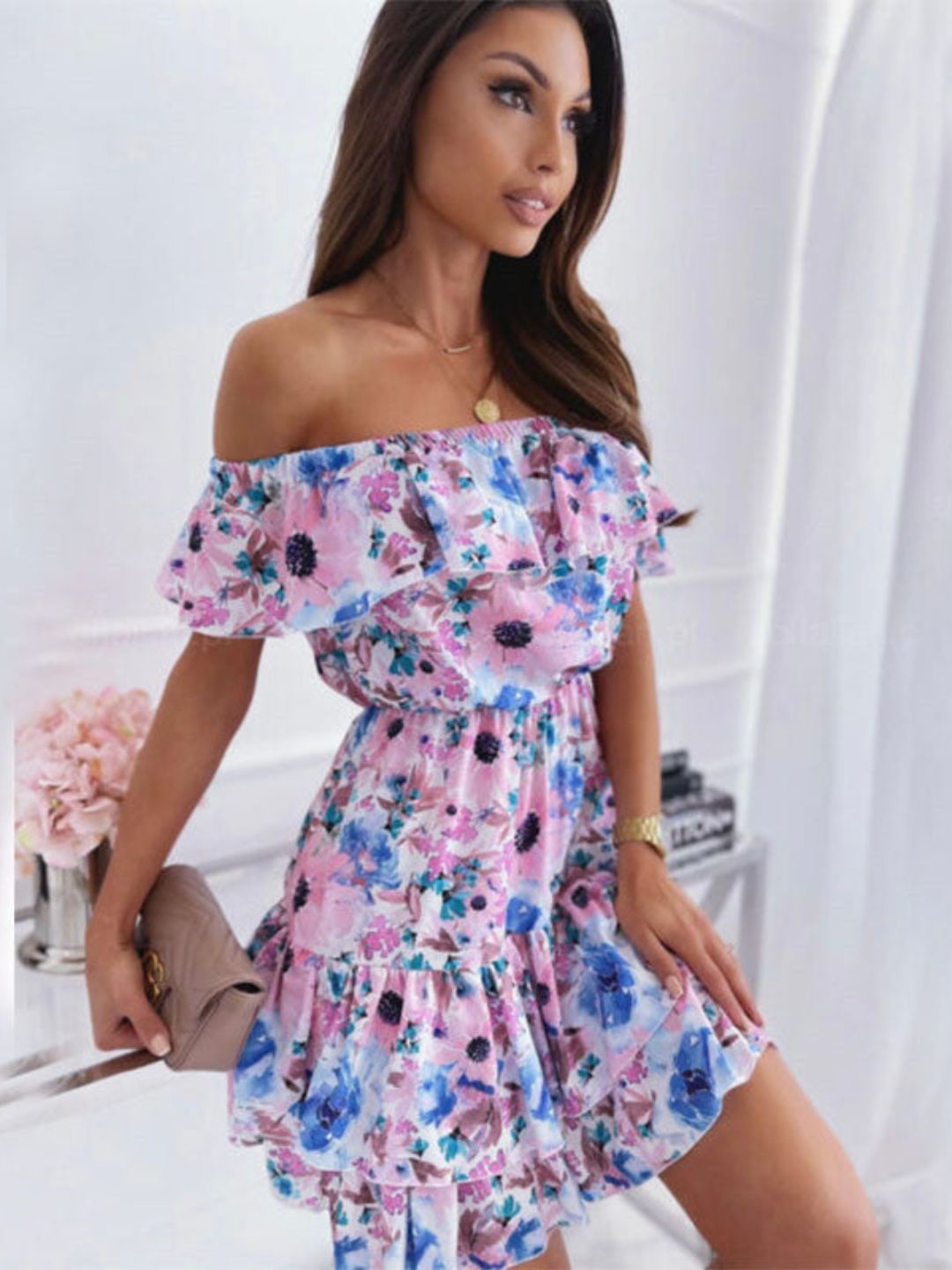 

4WRD by Dressberry Floral Print Off-Shoulder Flutter Sleeve Fit & Flare Dress, White