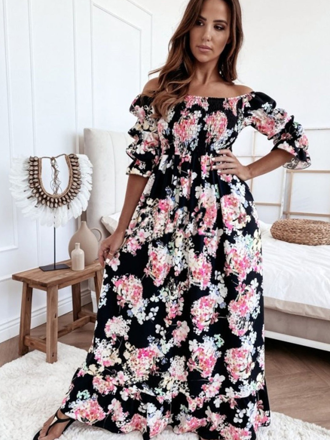 

4WRD by Dressberry Floral Print Off-Shoulder Flutter Sleeve Maxi Dress, Black