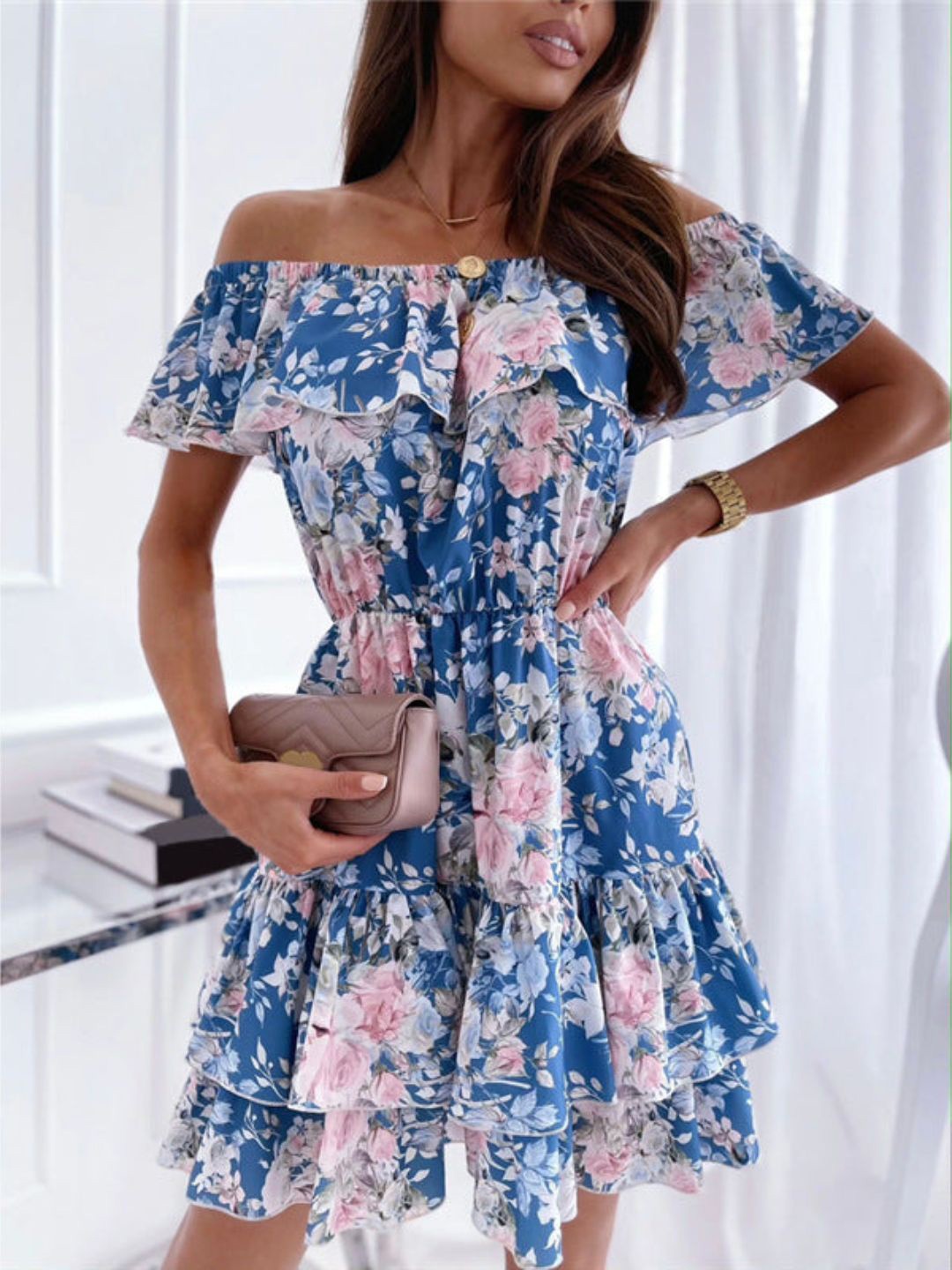 

4WRD by Dressberry Floral Print Off-Shoulder Flared Sleeve Fit & Flare Dress, Blue