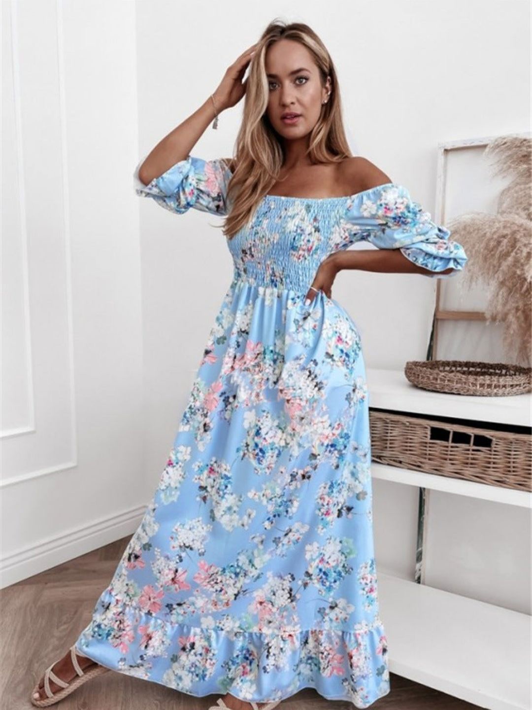 

4WRD by Dressberry Floral Print Off-Shoulder Bell Sleeve Maxi Dress, Blue