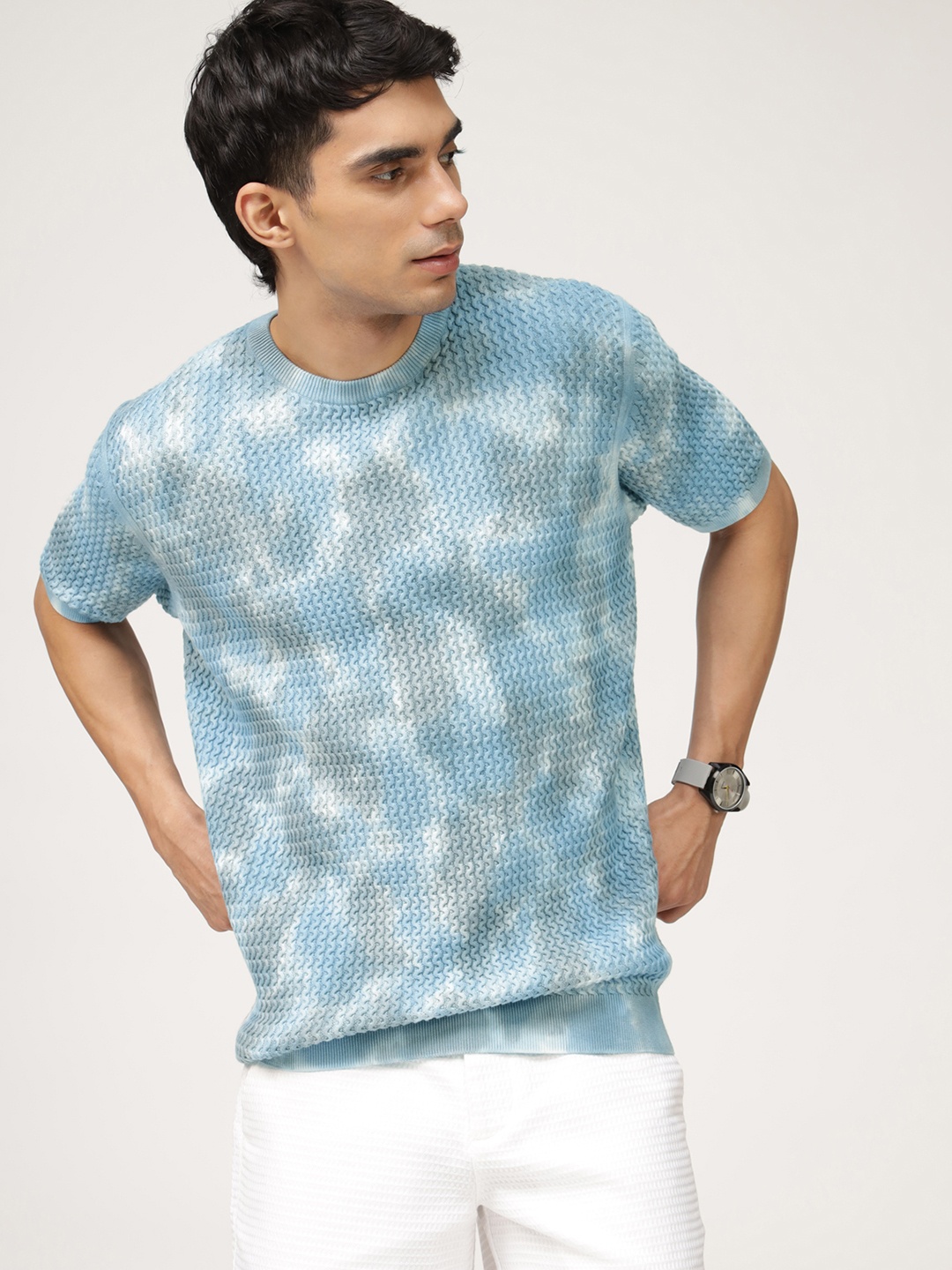 

Andamen Men Tie Dye Structure Knit Crew NecK T-shirt, Blue