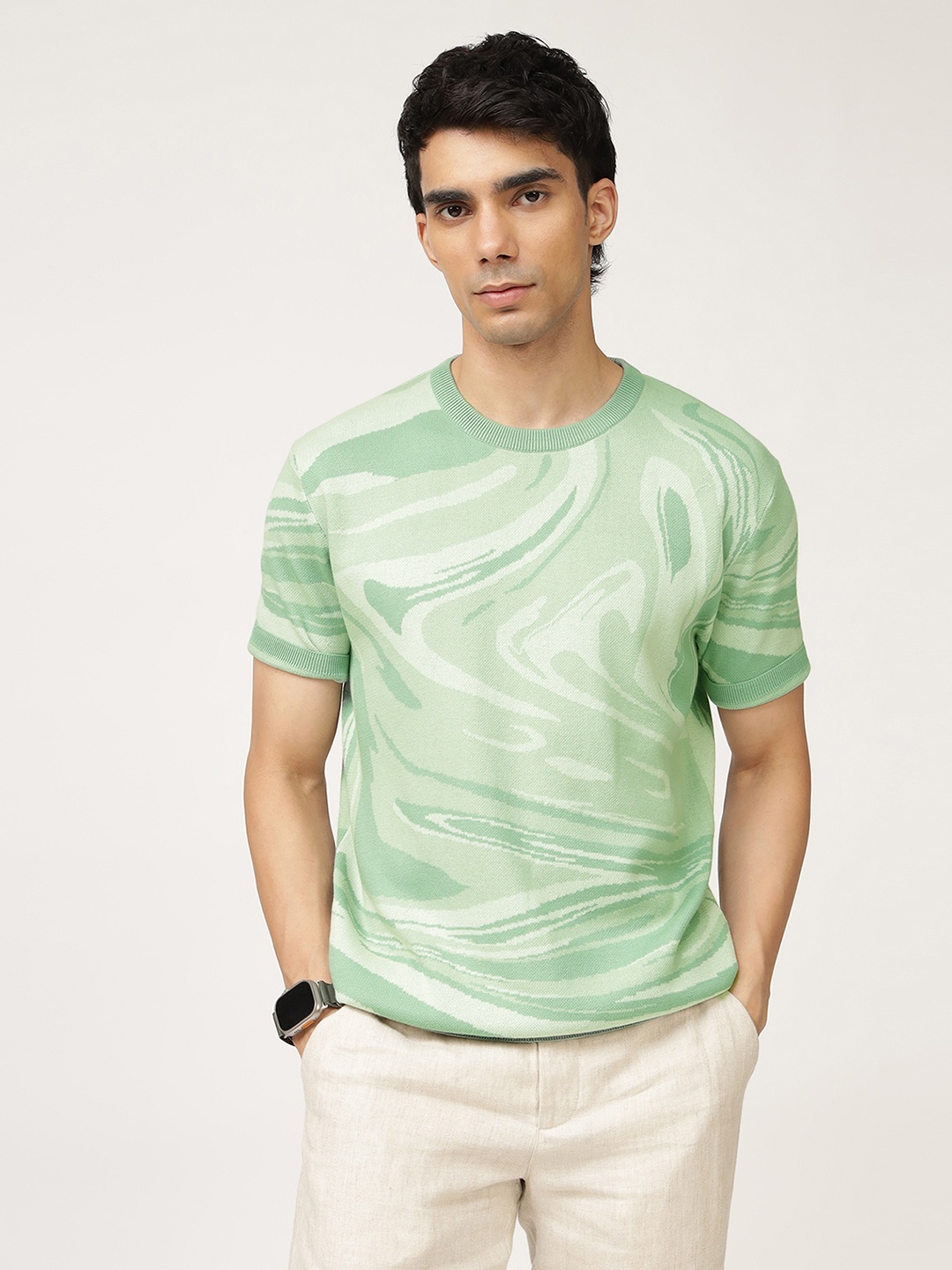 

Andamen Men Jacquard Flat Knit Crew Neck T-shirt, Green