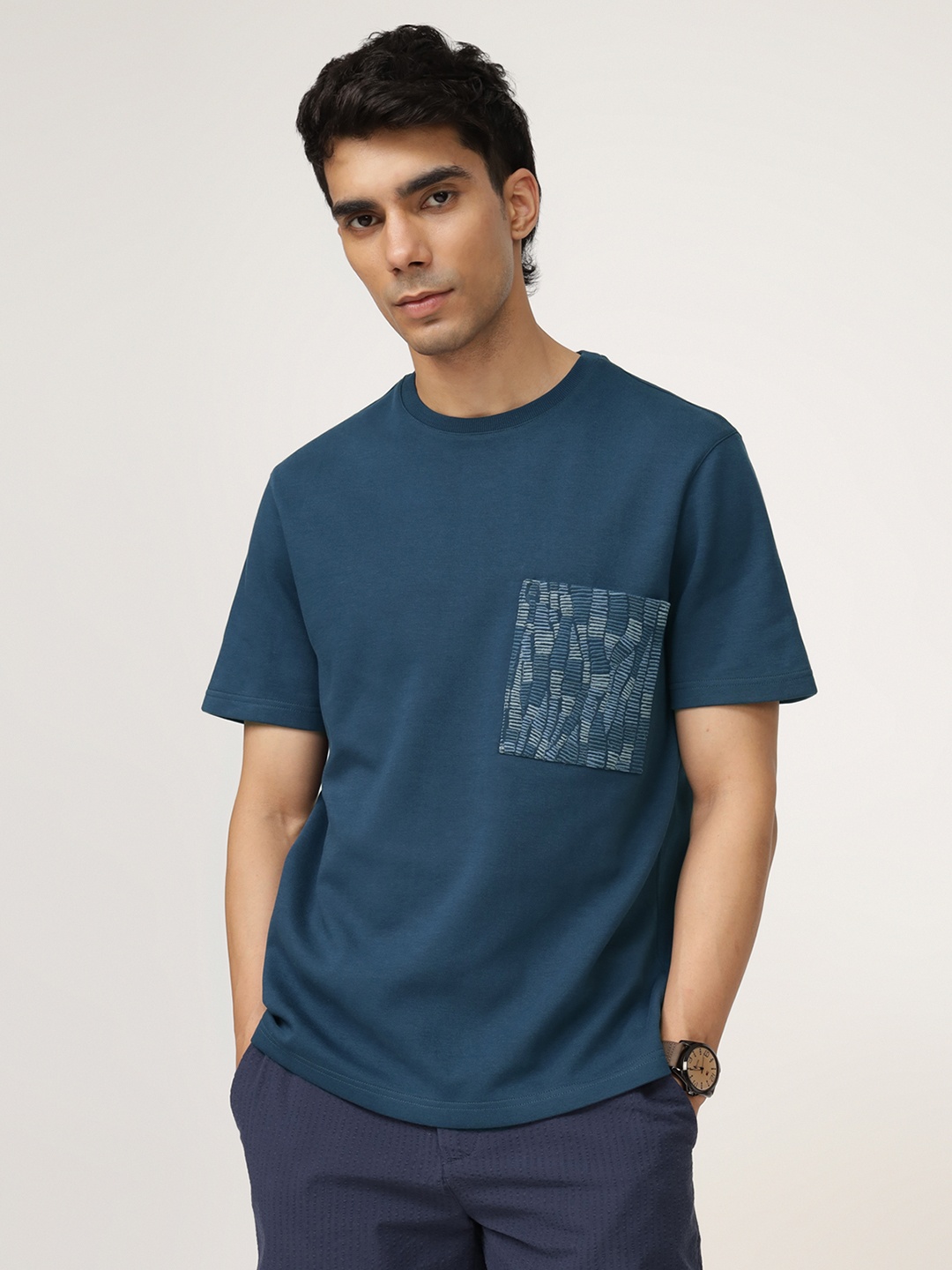 

Andamen Men Pocket Play Placement Embroidery Crew Neck T-shirt, Blue