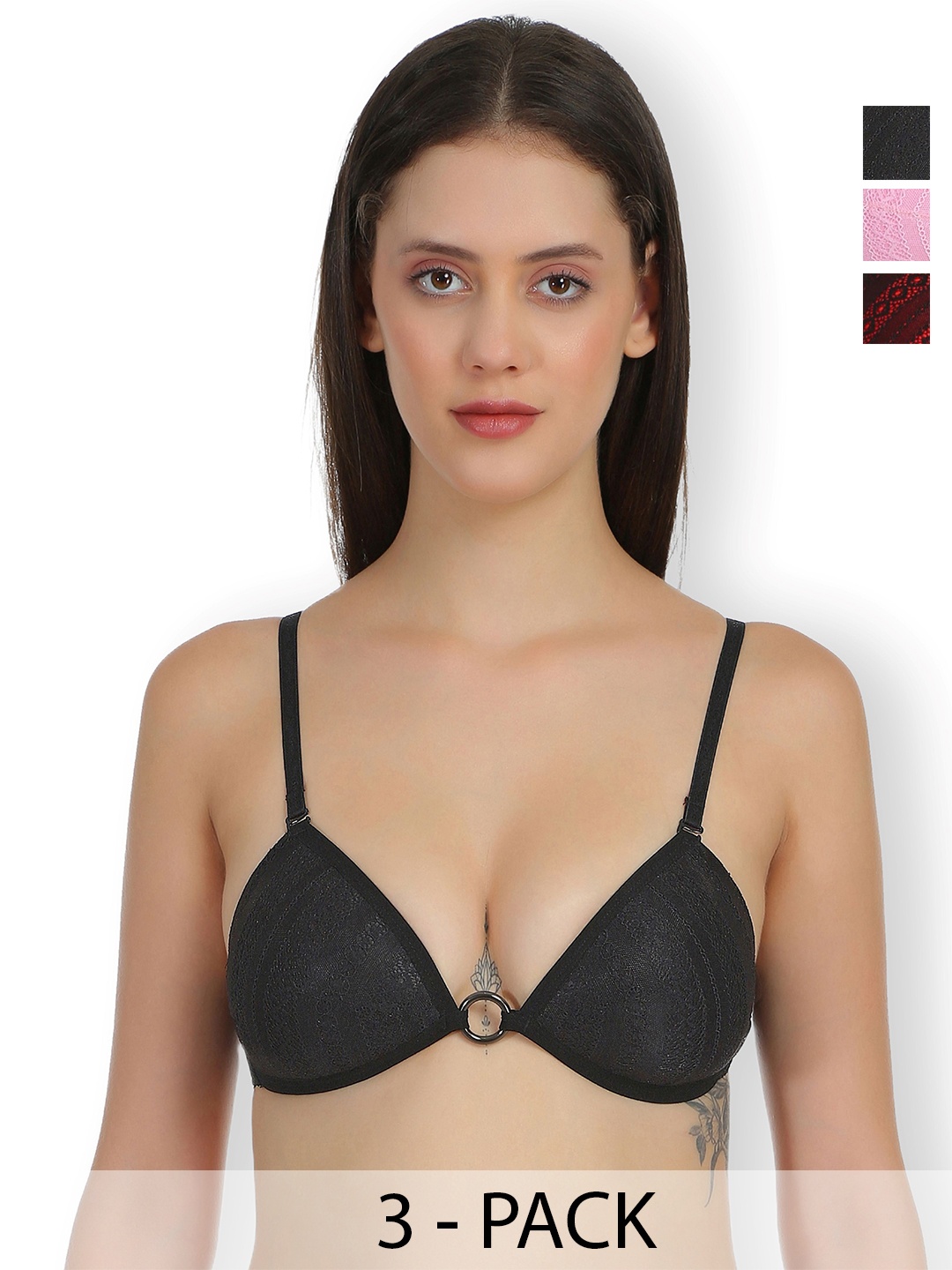 

SELFCARE Pack Of 3 Self Design Lightly Padded Plunge Bras With All Day Comfort, Black