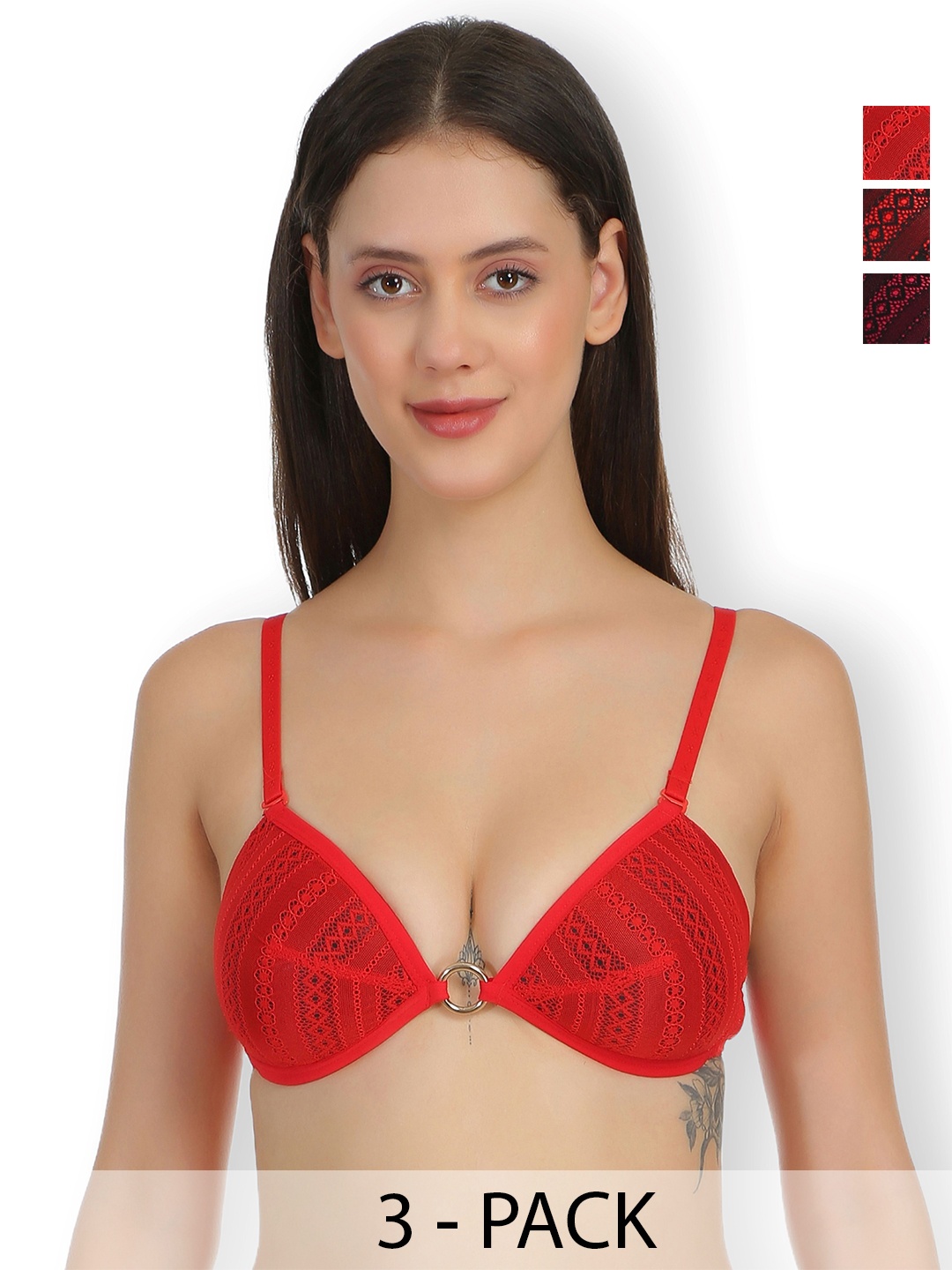 

SELFCARE Pack Of 3 Self Design Lightly Padded Plunge Bras With All Day Comfort, Red