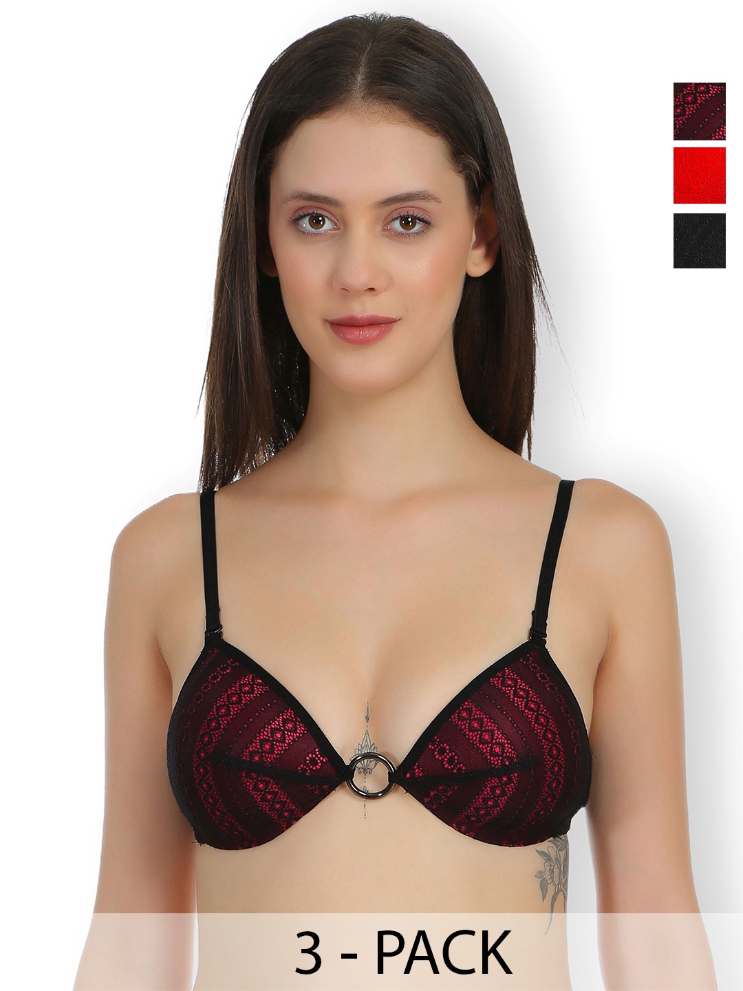 

SELFCARE Pack Of 3 Self Design Lightly Padded Plunge Bras With All Day Comfort, Red