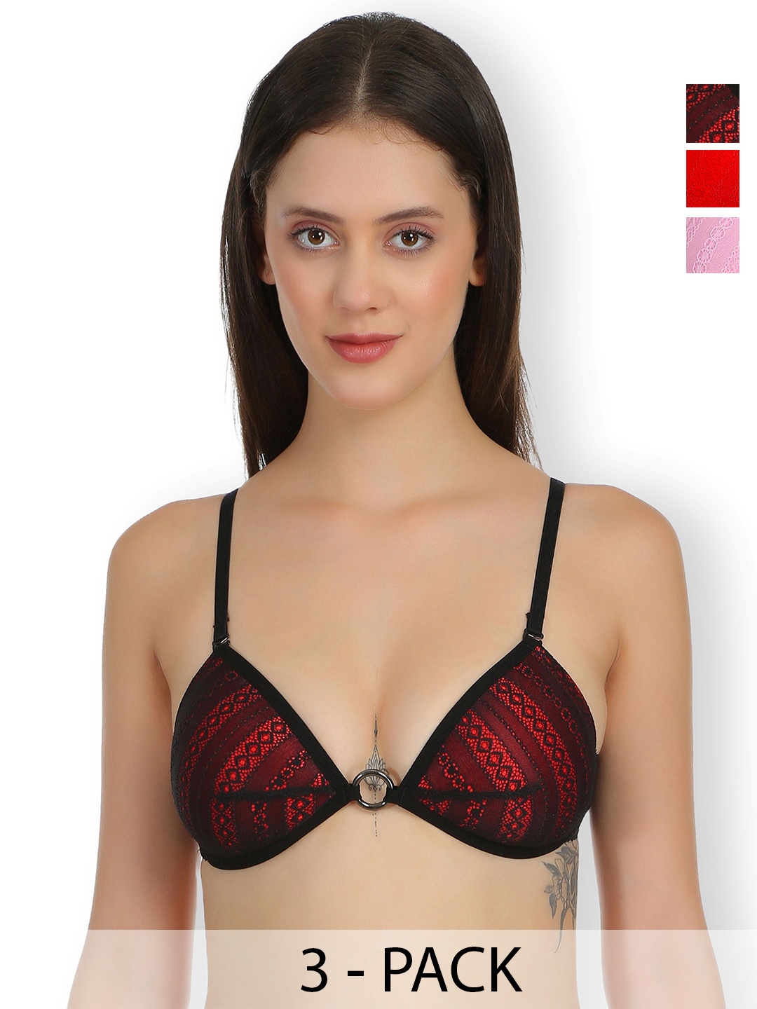 

SELFCARE Pack Of 3 Self Design Lightly Padded Plunge Bras With All Day Comfort, Red