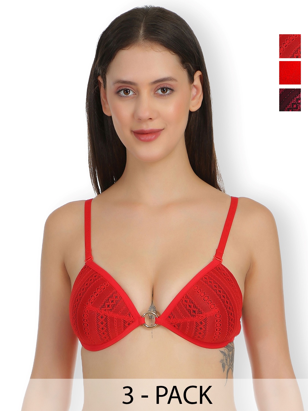 

SELFCARE Pack Of 3 Self Design Half Coverage Lightly Padded Plunge Bras All Day Comfort, Red