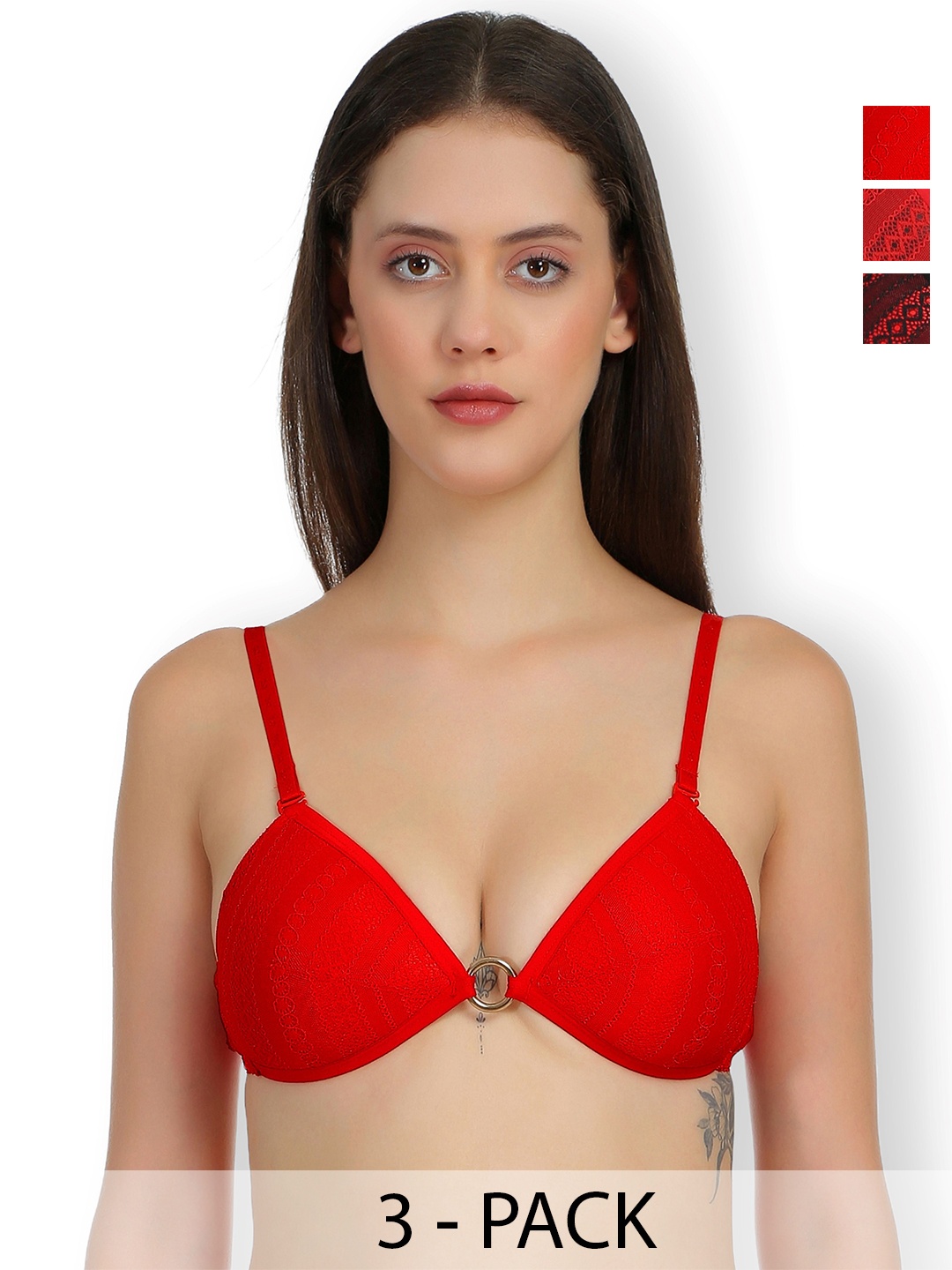 

SELFCARE Pack Of 3 Self Design Half Coverage Lightly Padded Plunge Bras All Day Comfort, Red