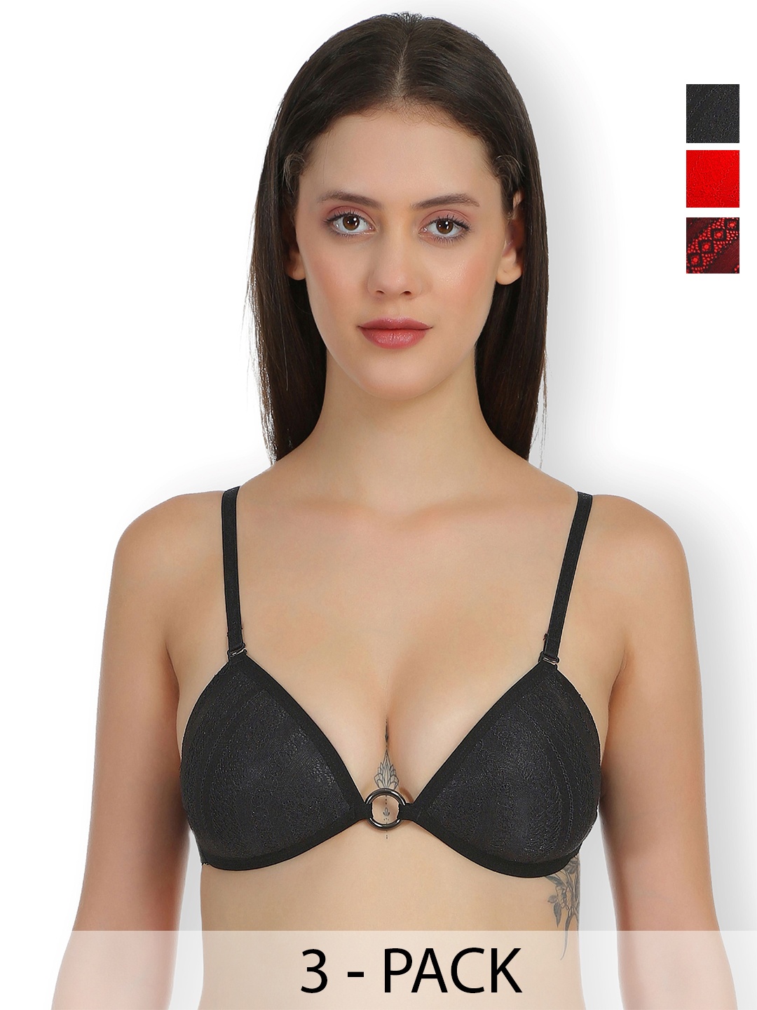 

SELFCARE Pack Of 3 Floral Lace Half Coverage Lightly Padded Plunge Bras All Day Comfort, Black