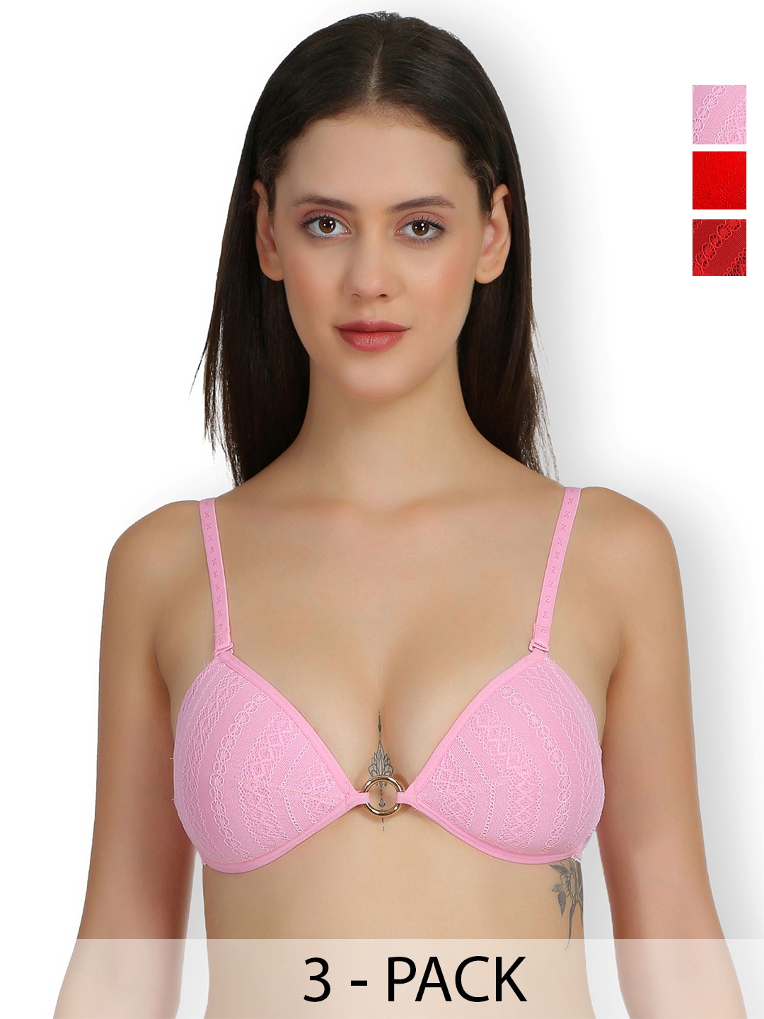 

SELFCARE Pack Of 3 Self Design Half Coverage Lightly Padded Plunge Bras All Day Comfort, Red