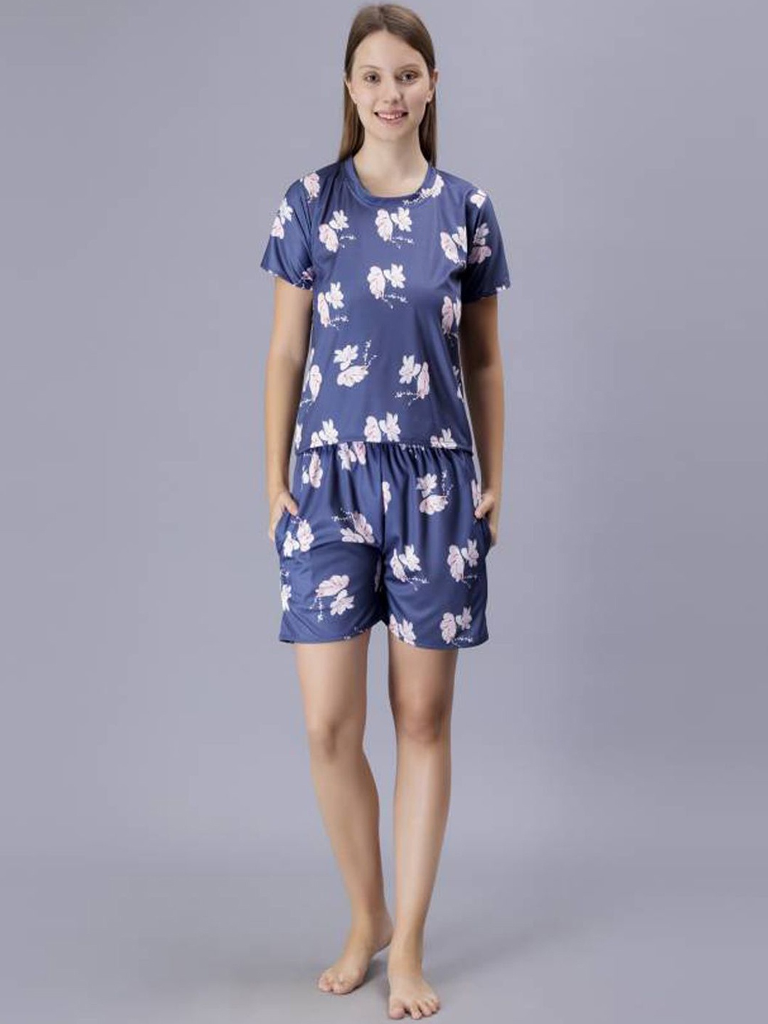 

Softwrap Floral Printed Round Neck Satin Silk Night suit, Blue