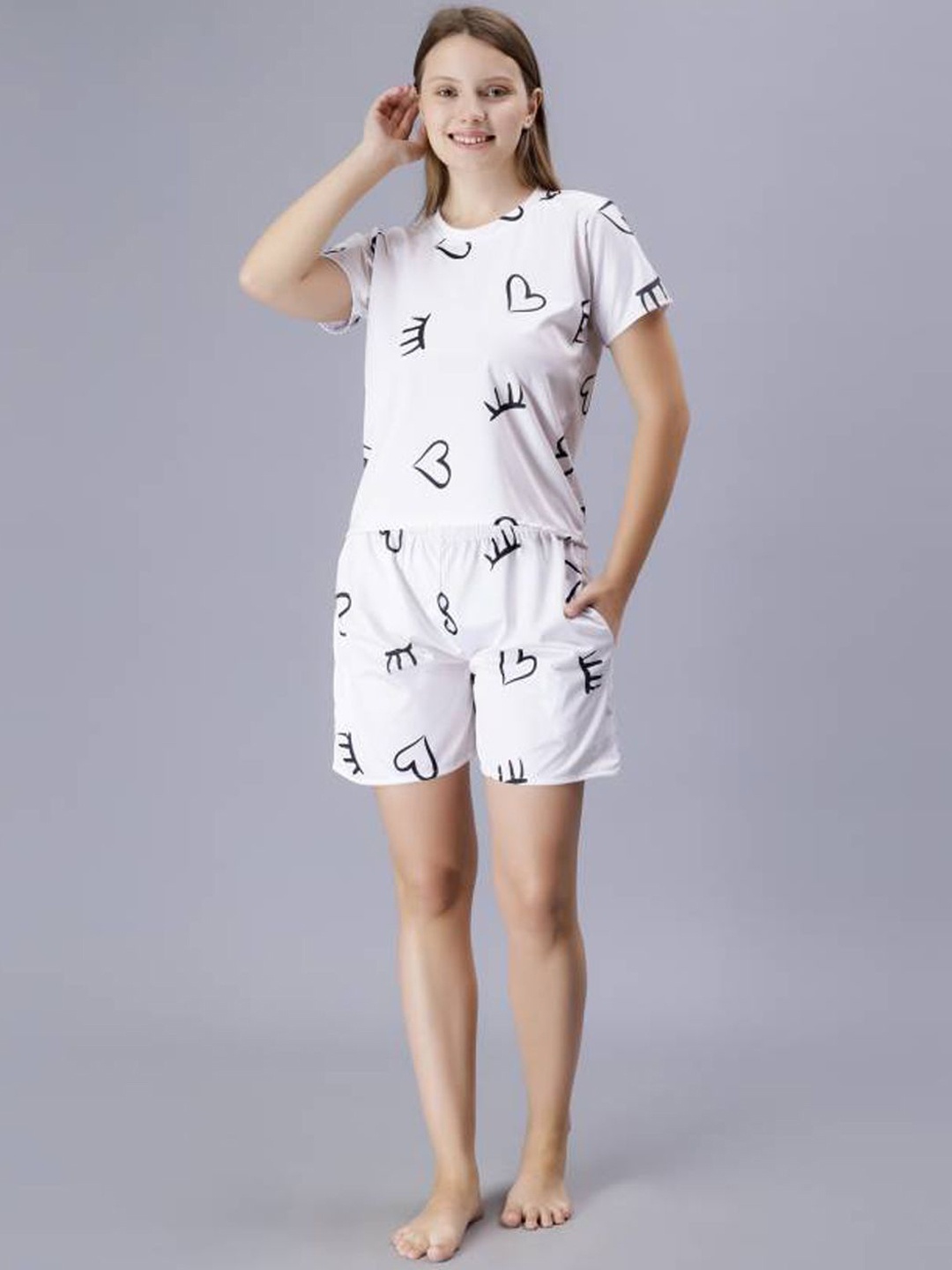 

Softwrap Conversational Printed Short Sleeves Satin T-shirt & Shorts, White