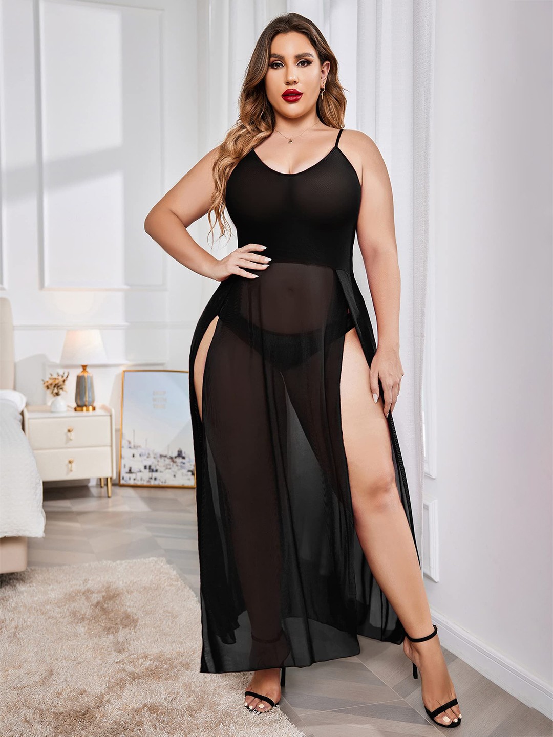 

Softwrap Split Thigh Net Baby Doll, Black