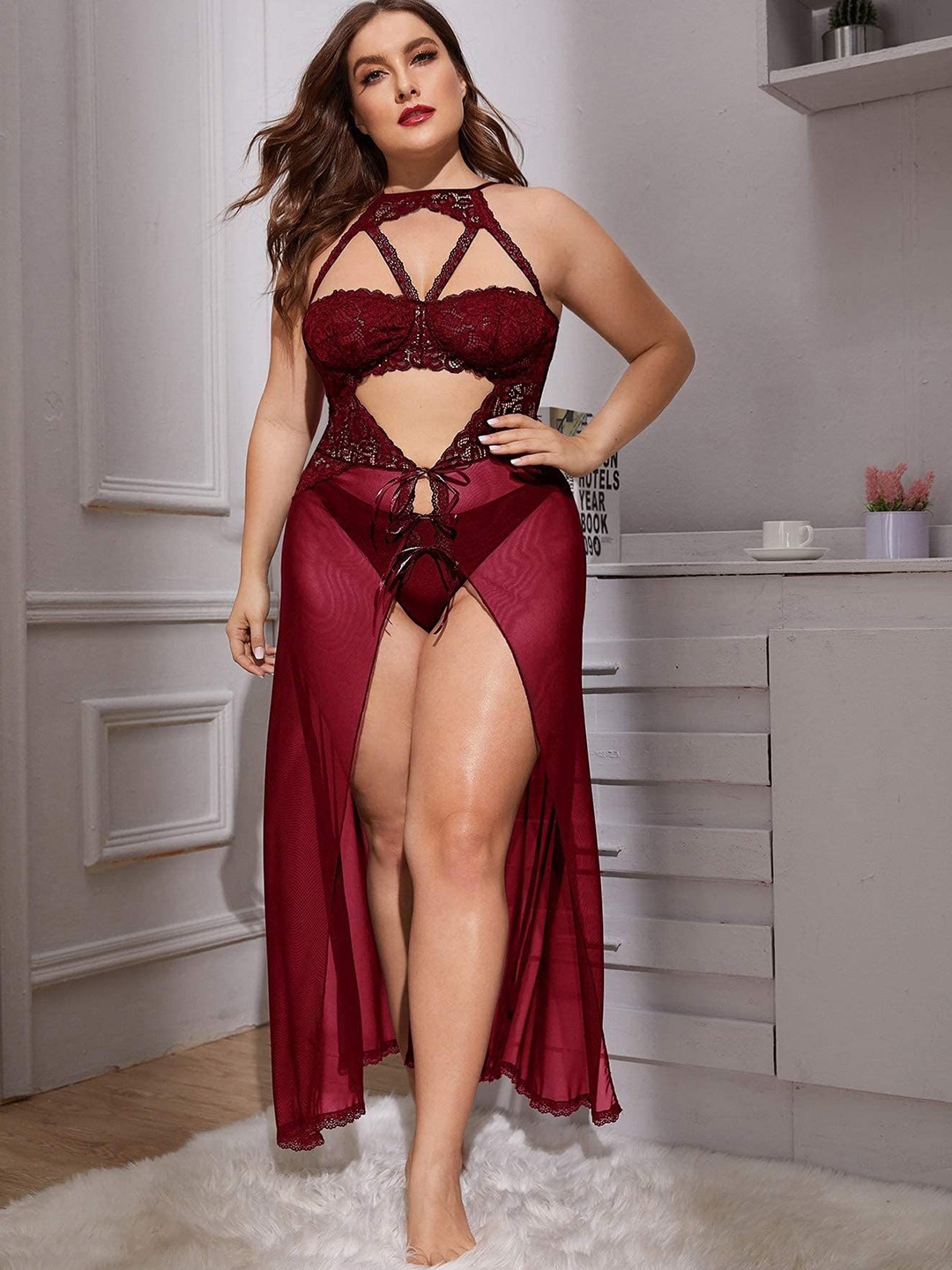 

Softwrap Net Halter Neck Baby Doll, Maroon