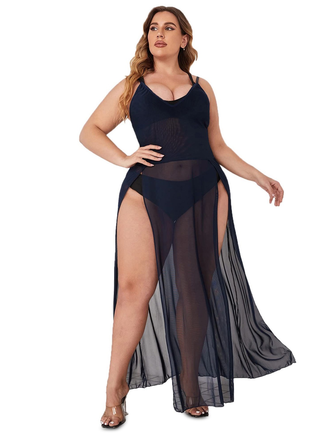 

Softwrap Split Thigh Net Baby Doll, Navy blue