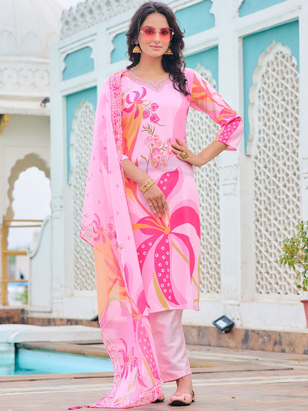

KALINI Floral Printed Notch Neck Straight Kurta With Trousers & Dupatta, Pink