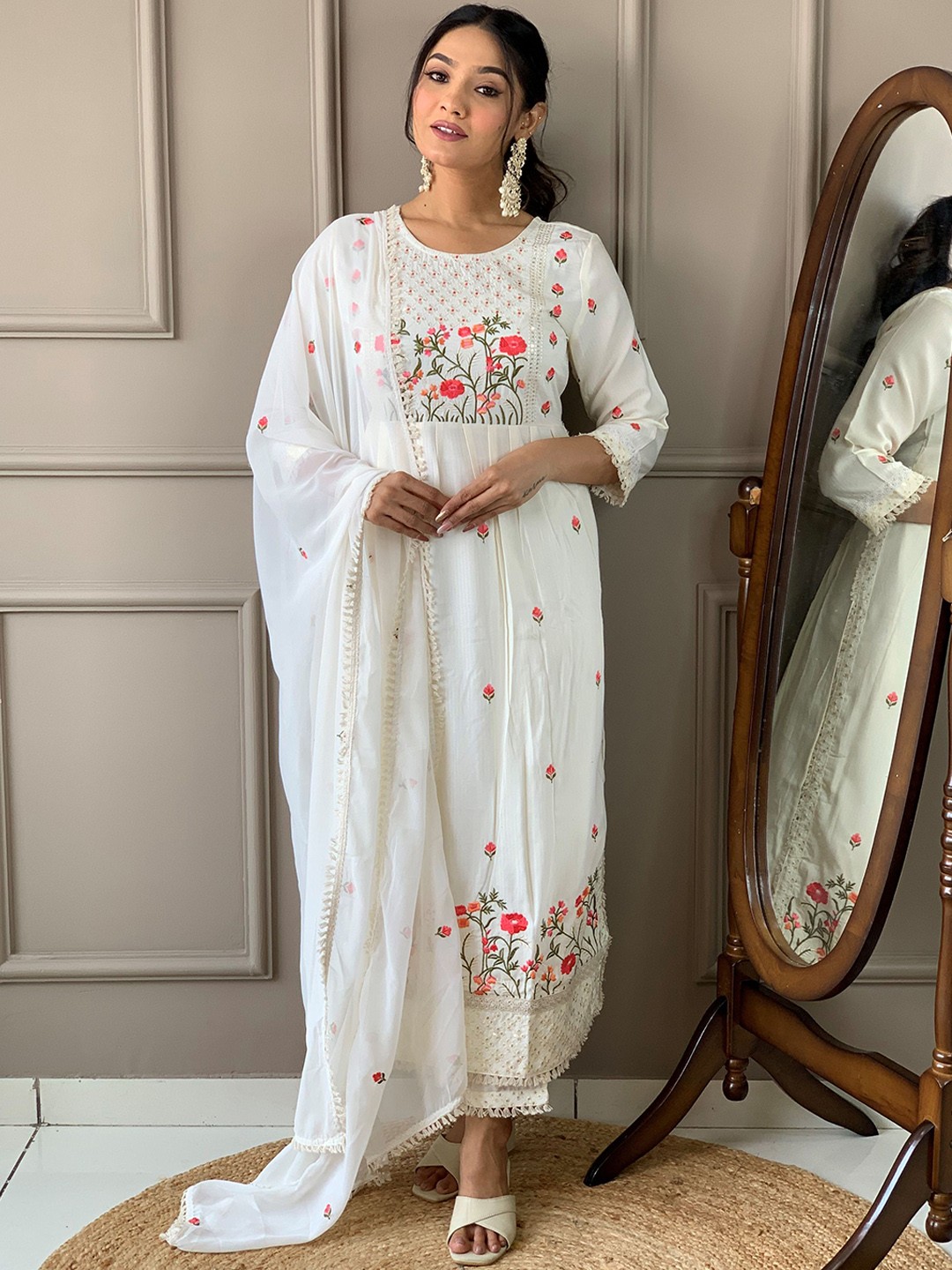 

KALINI Floral Embroidered Sequinned A-Line Kurta With Trousers & Dupatta, Off white