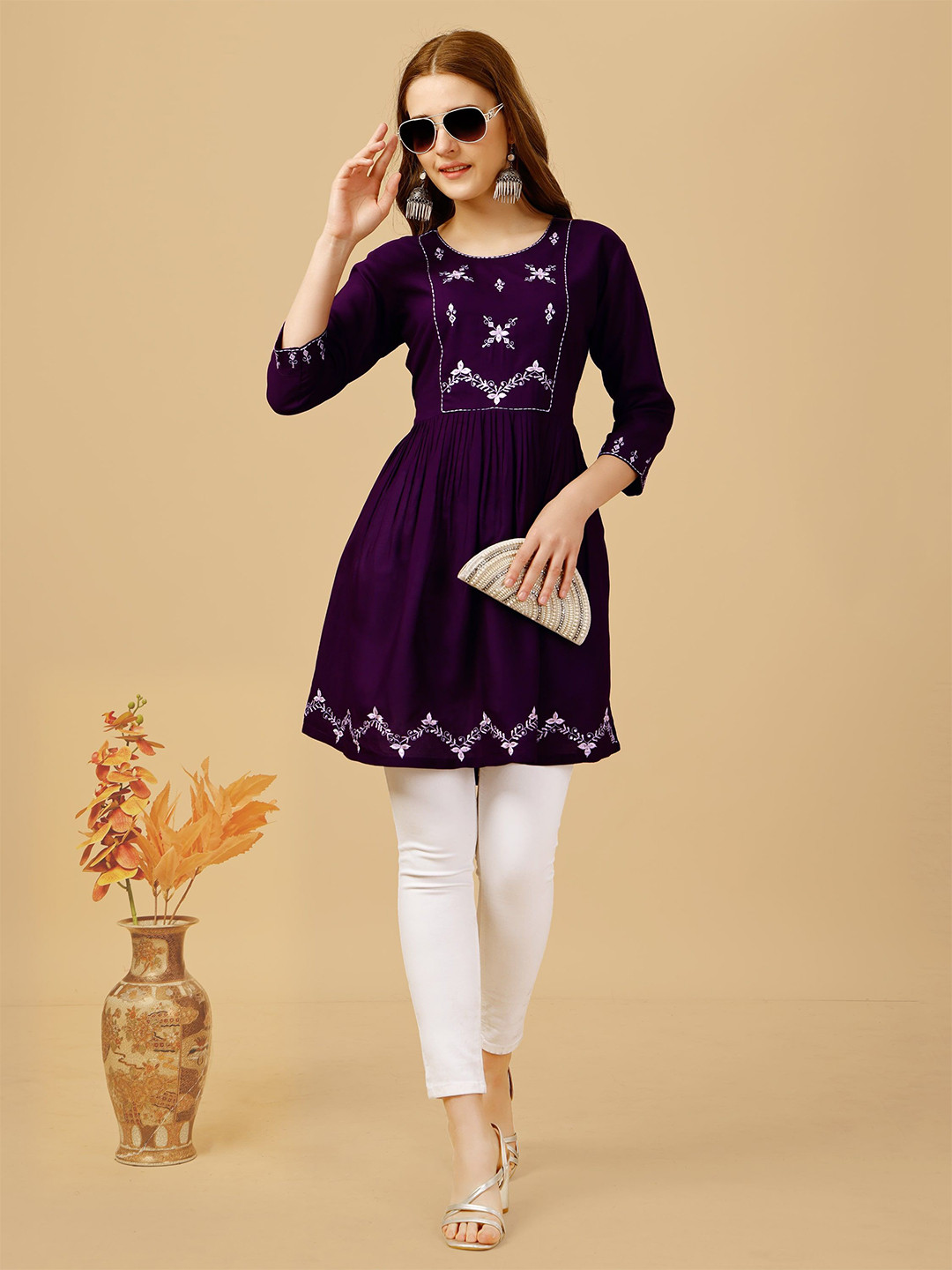 

BAPS Embroidered Woven Design Thread Work Thread Work Kurti, Purple
