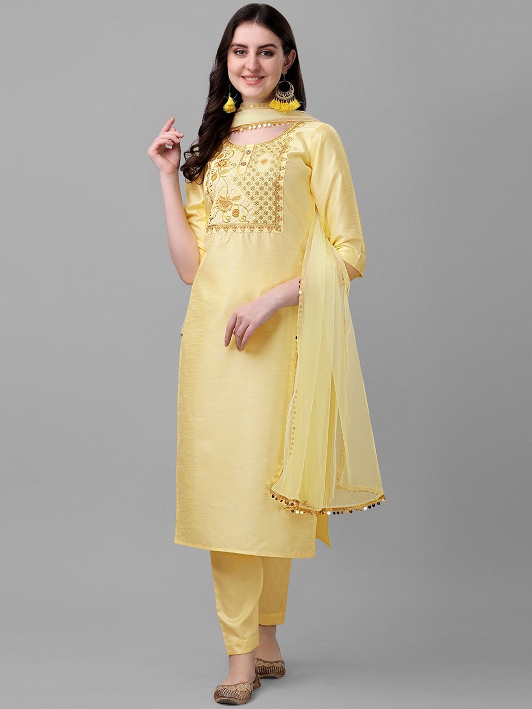 

UFB Women Ethnic Motifs Embroidered Thread Work Straight Kurta With Trousers & Dupatta, Yellow