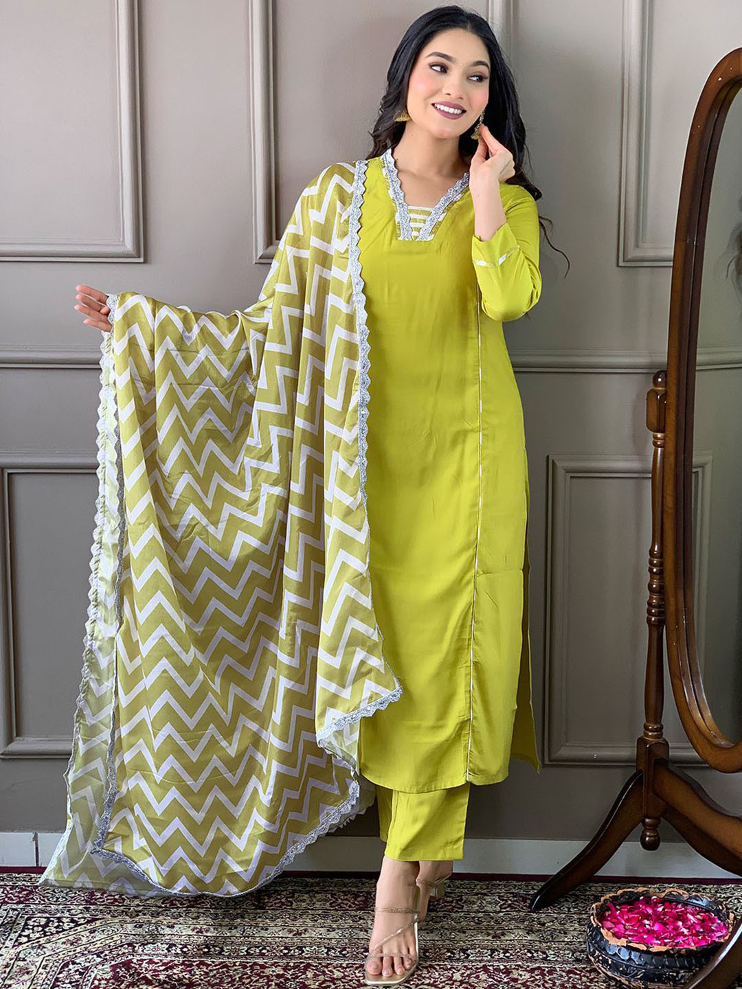 

KALINI V-Neck Gotta Patti Straight Kurta With Trousers & Dupatta, Lime green