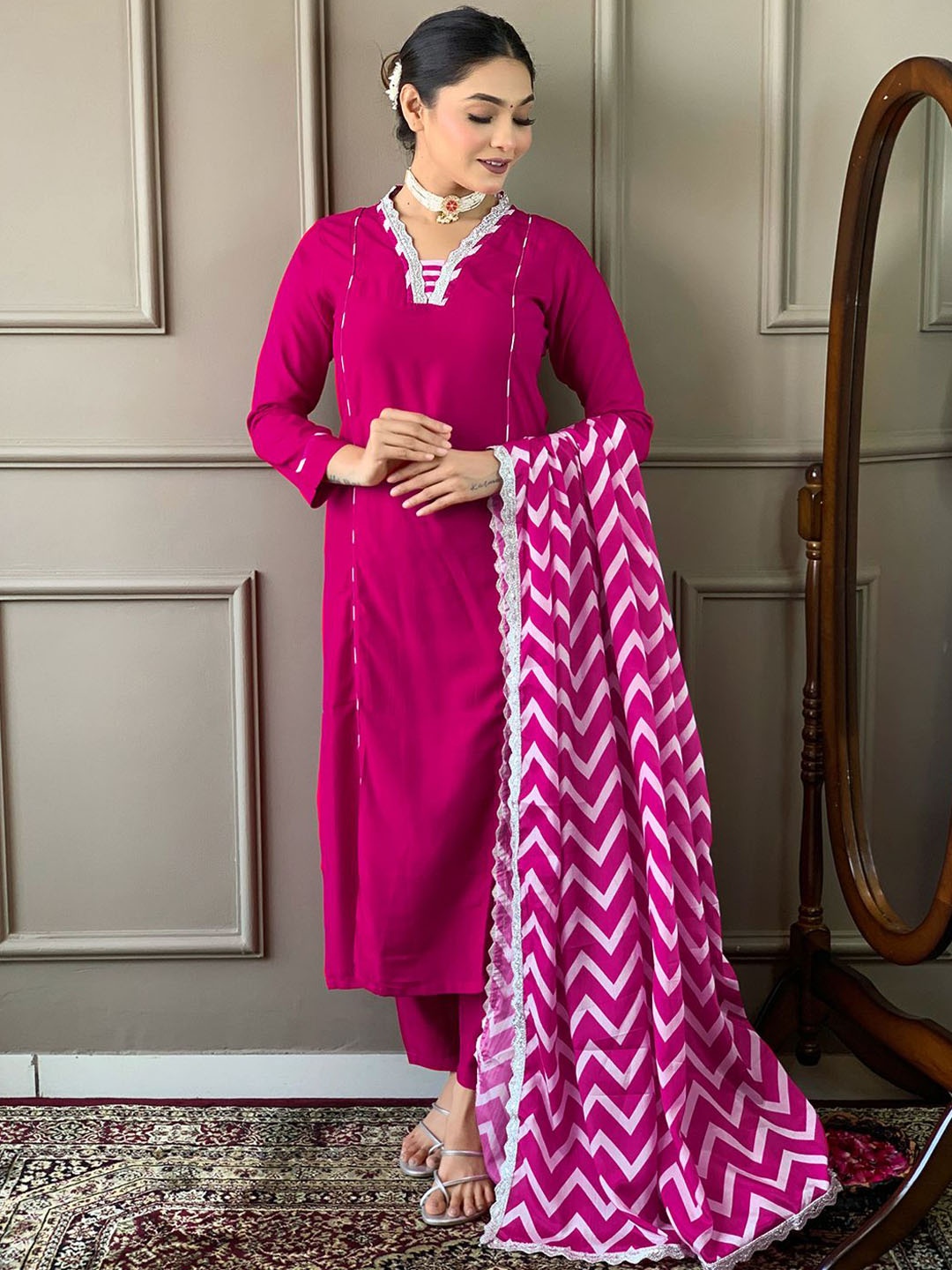 

KALINI Striped Yoke Design V-Neck Gotta Patti Straight Kurta With Trousers & Dupatta, Pink