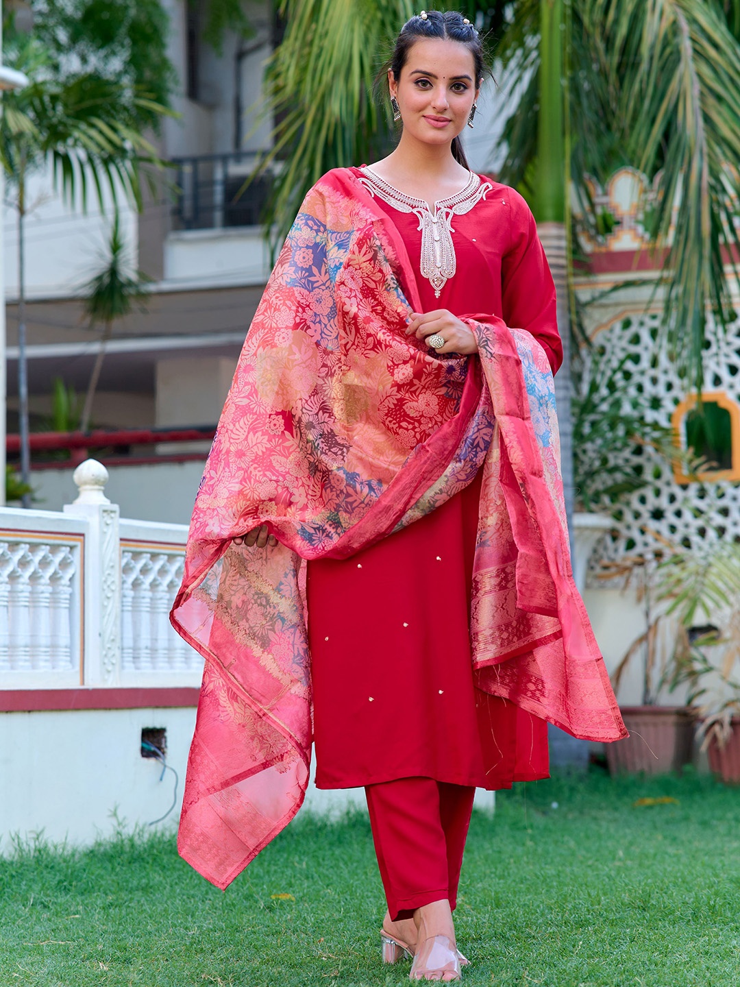

KALINI Ethnic Motifs Yoke Design Sequinned Straight Kurta with Trousers & With Dupatta, Pink