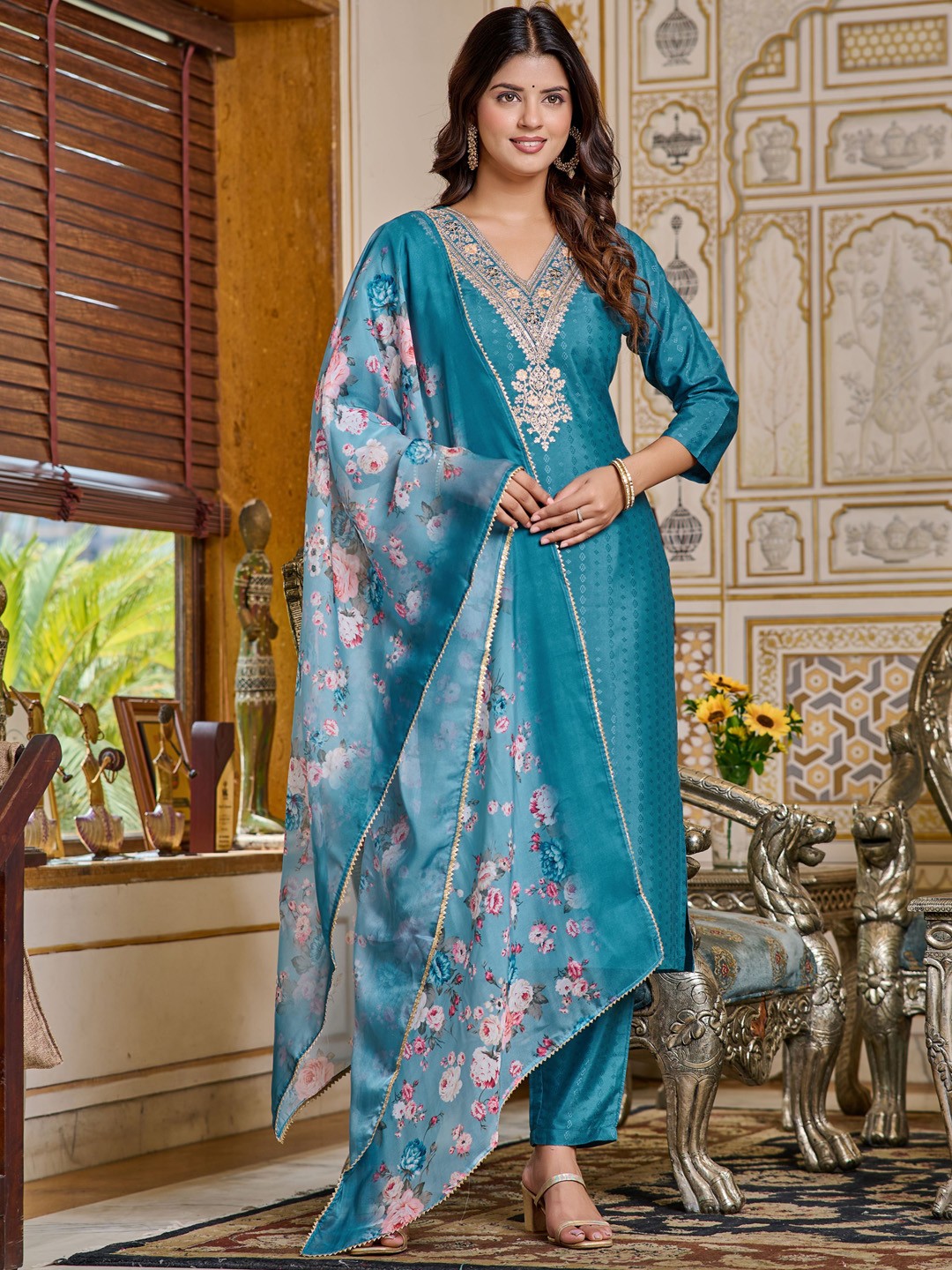

KALINI Floral Embroidered Gotta Patti Chanderi Silk Straight Kurta With Trousers & Dupatta, Turquoise blue