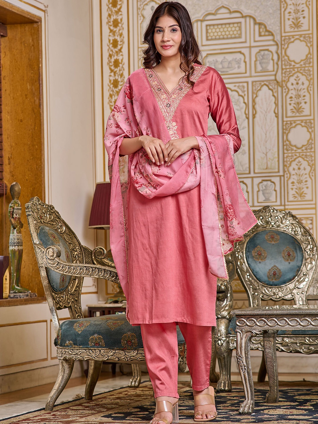 

KALINI Floral Embroidered Gotta Patti Chanderi Silk Straight Kurta With Trousers & Dupatta, Peach