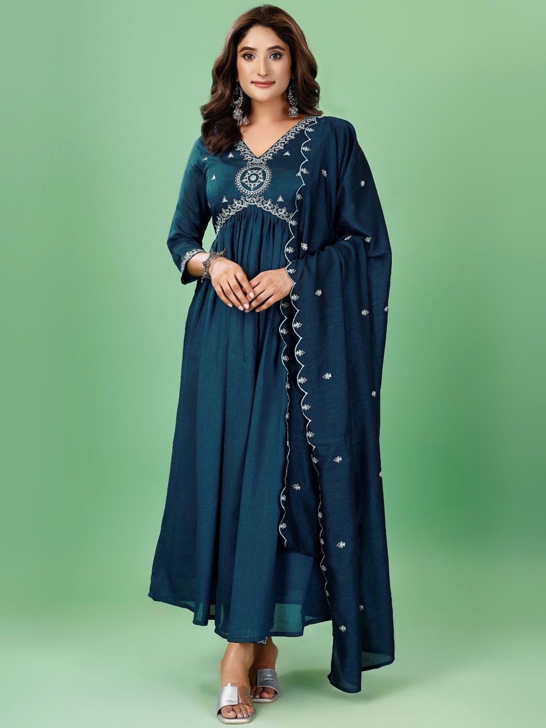 

KALINI Embroidered Regular Kurta with Trousers & With Dupatta, Blue