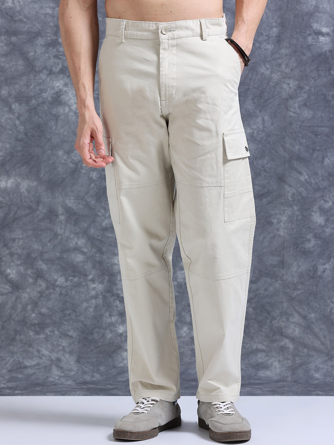 The Roadster Lifestyle Co Relaxed Fit Cotton Cargo Trousers, Cream