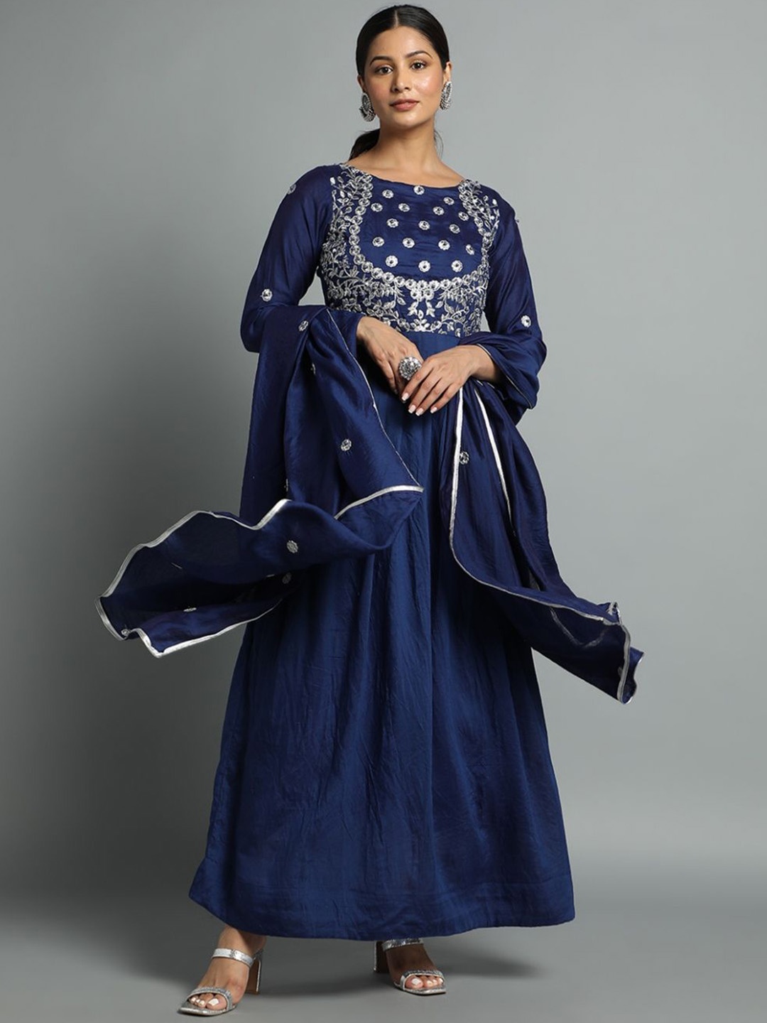 

KALINI Embroidered Cotton Gown Ethnic Dress With Dupatta, Navy blue