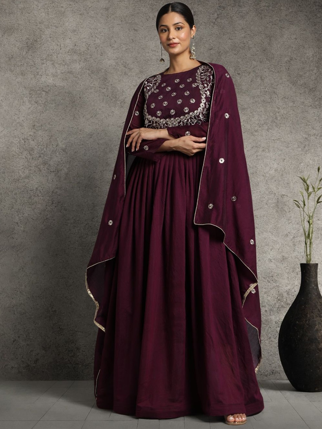 

KALINI Embroidered Cotton Anarkali Dress With Dupatta, Maroon