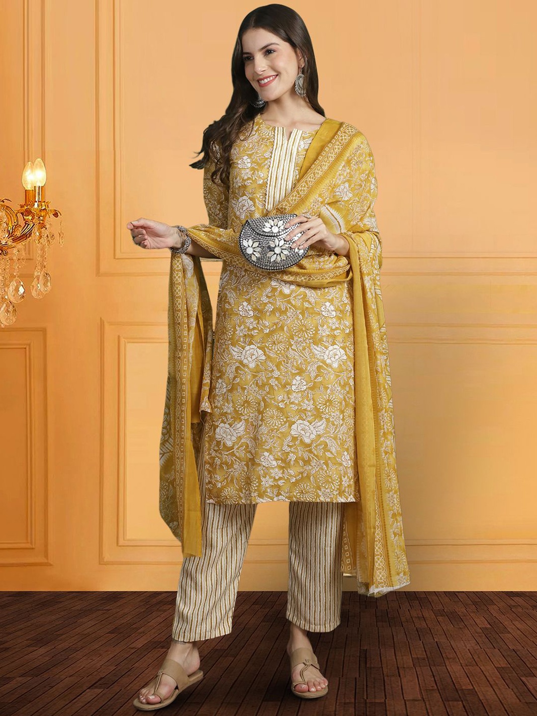 

7Threads Floral Printed Regular Pure Cotton Kurta with Trousers & Dupatta, Mustard