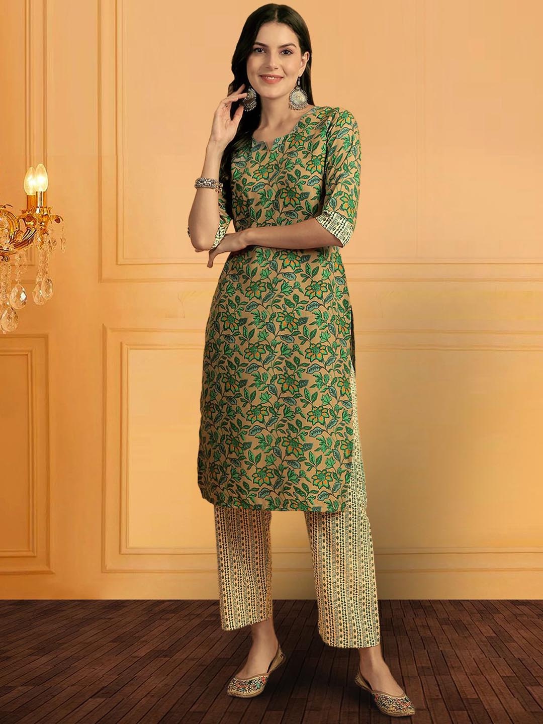 

7Threads Floral Printed Regular Pure Cotton Kurta with Trousers & Dupatta, Green