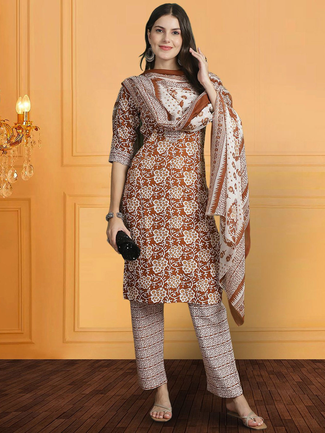

7Threads Ethnic Motifs Printed Regular Pure Cotton Kurta with Trousers & Dupatta, Rust
