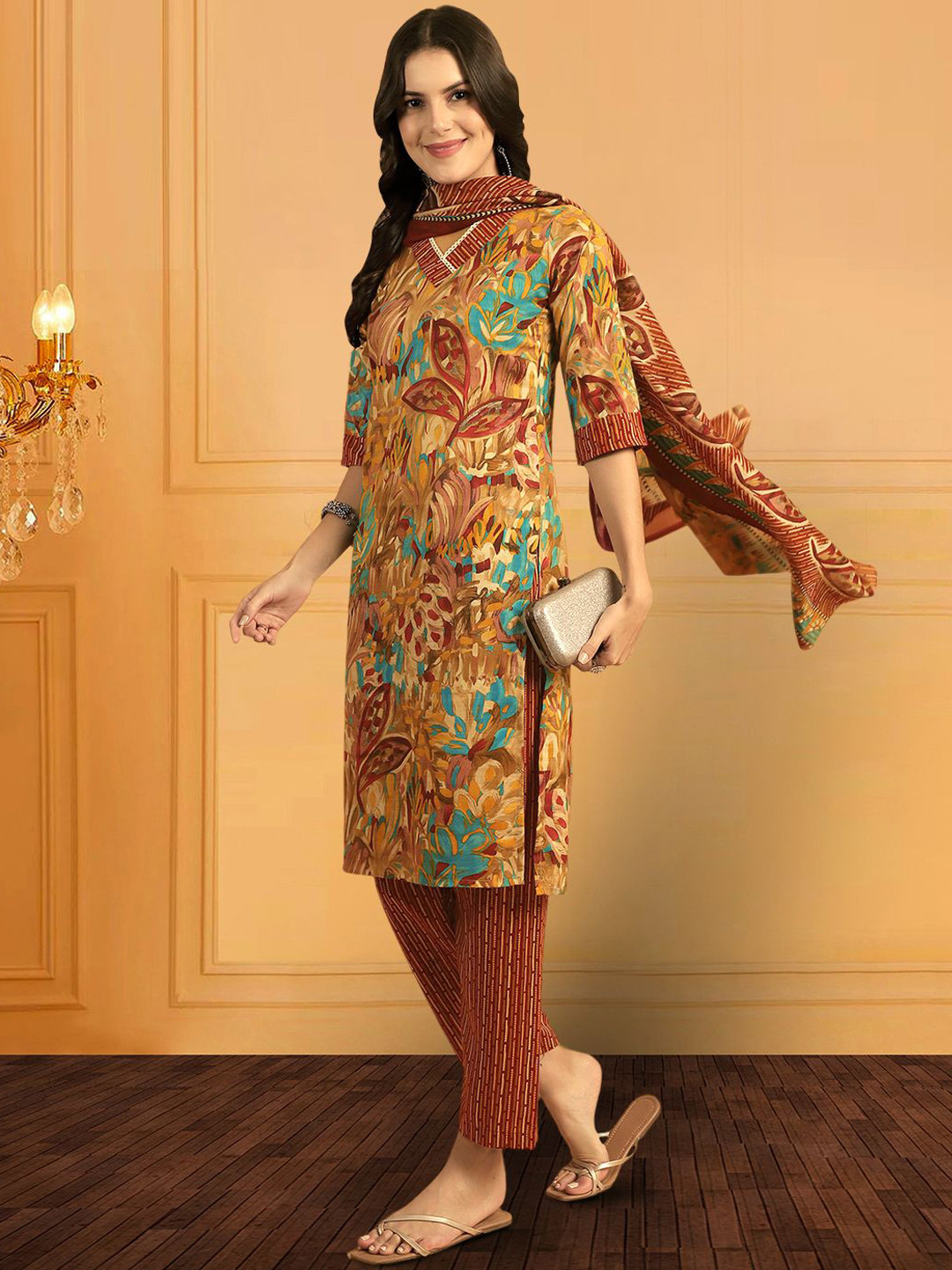 

7Threads Ethnic Motifs Printed Regular Pure Cotton Kurta with Trousers & Dupatta, Mustard