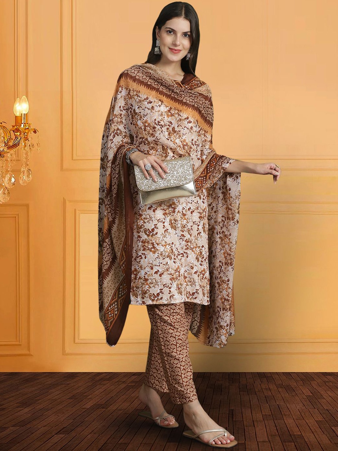 

7Threads Floral Printed Regular Pure Cotton Kurta with Trousers & Dupatta, Beige