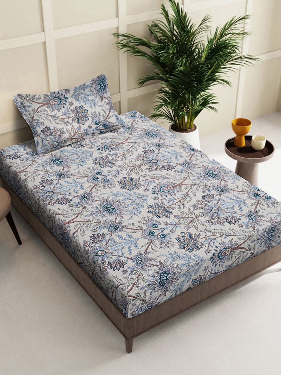 

FABINALIV Grey & Brown Floral Printed 300 TC Single Bedsheet With 1 Pillow Cover