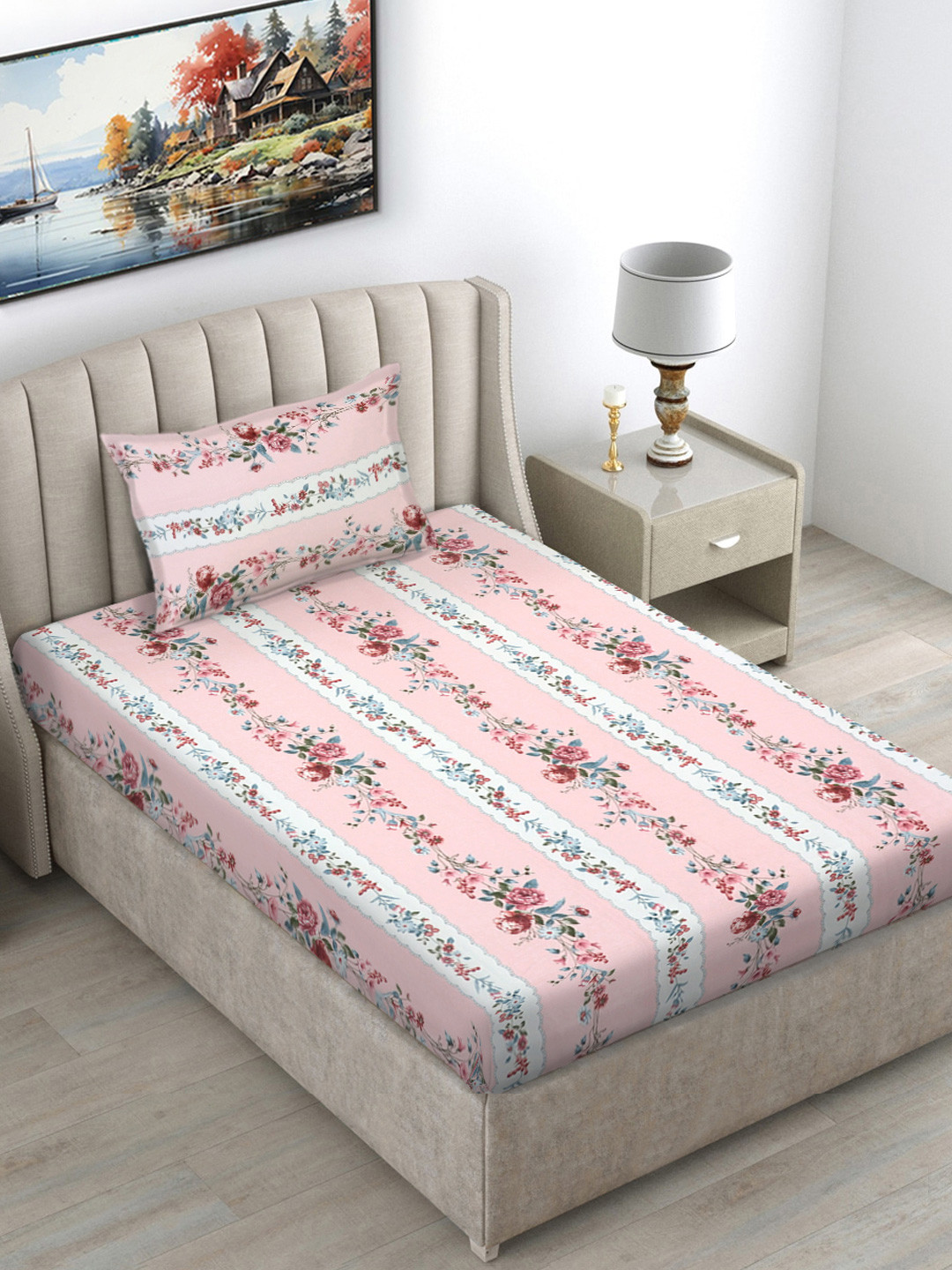 

FABINALIV Pink & White Floral Printed 300 TC Single Bedsheet With 1 Pillow Cover