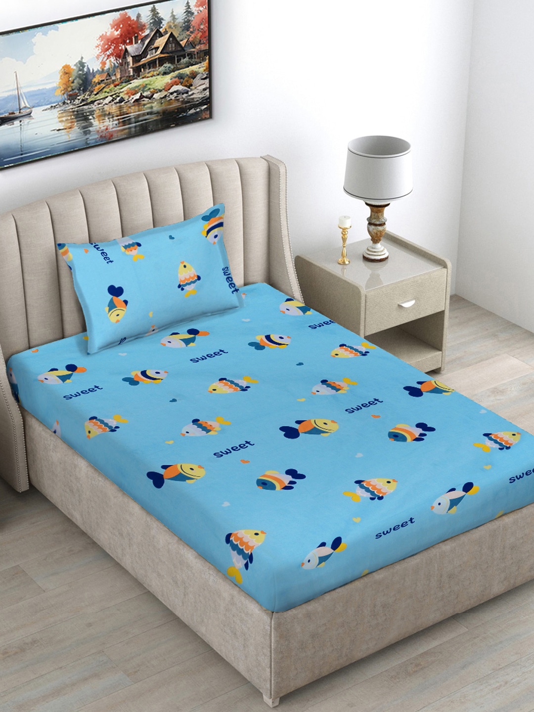 

FABINALIV Blue & Orange Printed 300 TC Single Bedsheet With 1 Pillow Cover