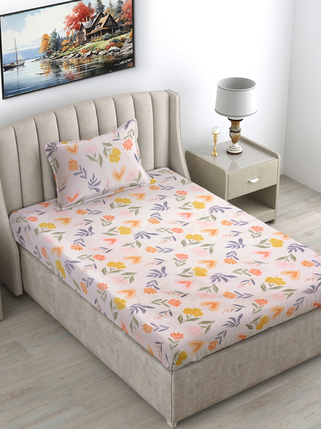 

FABINALIV Peach & Yellow Floral Printed 300 TC Single Bedsheet With 1 Pillow Cover