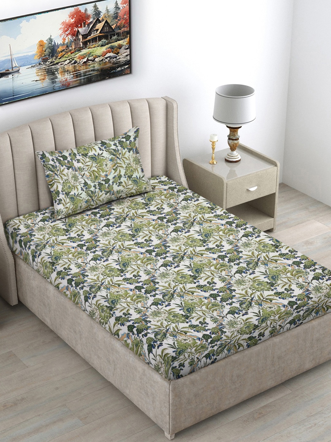 

FABINALIV Green & White Floral Printed 300 TC Single Bedsheet With 1 Pillow Cover