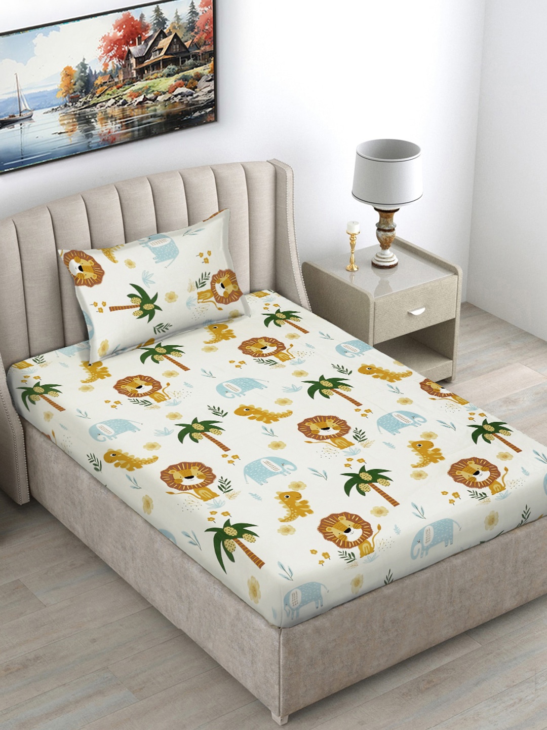 

FABINALIV White & Brown Printed 300 TC Single Bedsheet With 1 Pillow Cover
