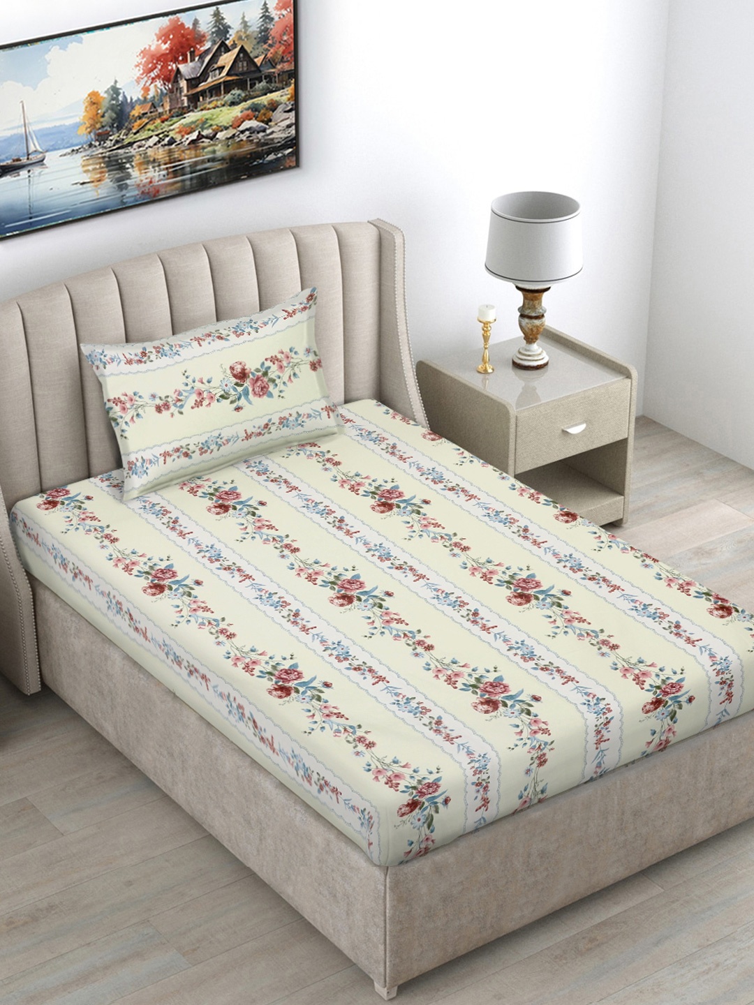 

FABINALIV Cream Coloured & White Floral Printed 300 TC Single Bedsheet With 1 Pillow Cover